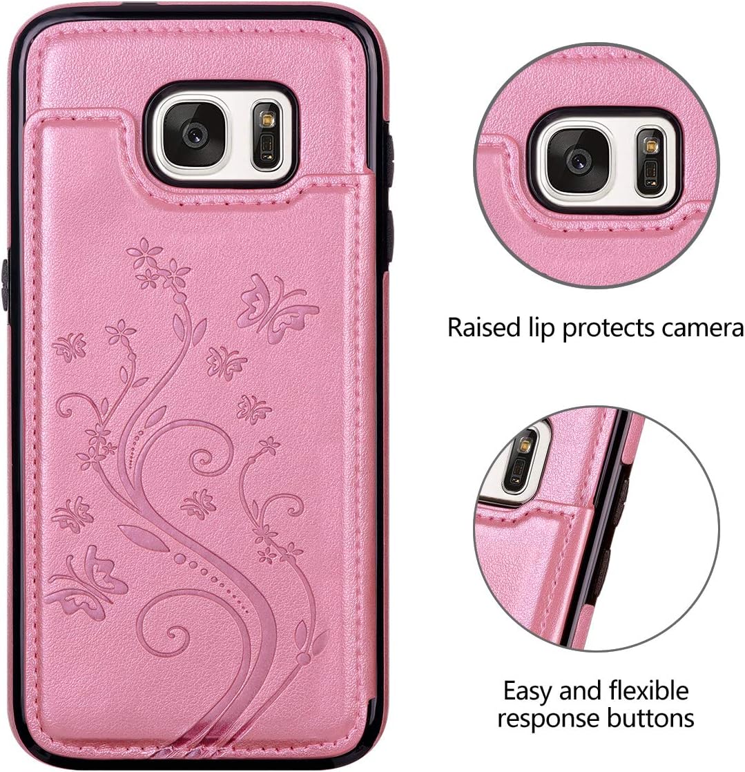 HianDier Wallet Case for Galaxy S7 Edge, Slim Protective Case with Credit Card Slot Holder Flip Folio Soft PU Leather Magnetic Closure Cover Case Compatible with Samsung Galaxy S7 Edge, Pink
