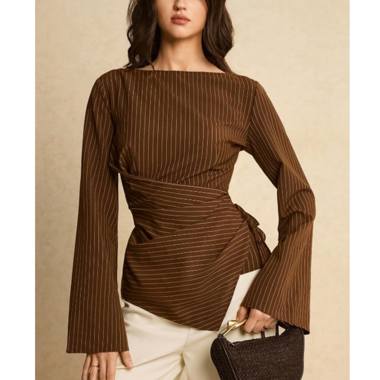 Blusas de mujer con escote barco manga trompeta y detalle anudado | Cuello barco cintura entallado dobladillo asimétrico enlace de ajuste lateral ajustable estilo casual de negocios para el día