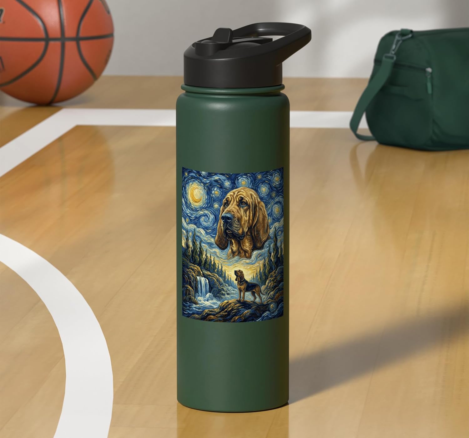 Bloodhound Dog Moon Howling Starry Night Van Gogh Style Stainless Steel Insulated Water Bottle