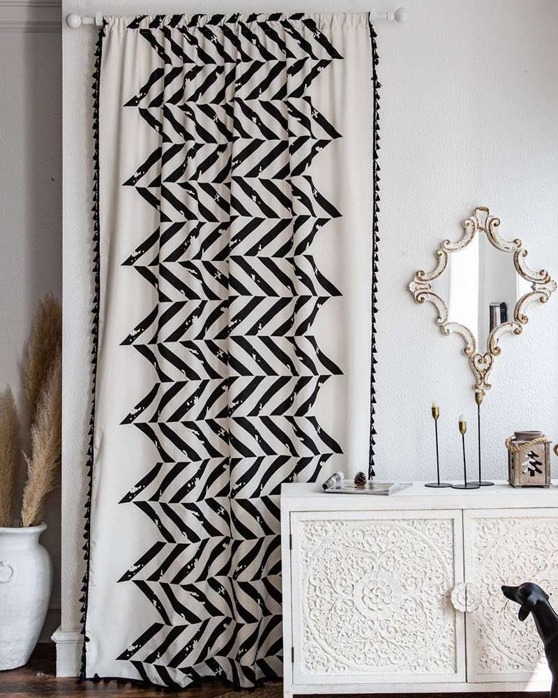 vctops Farmhouse Striped Tassel Curtains Geometric Print Cotton Linen Drapes Rod Pocket Window Curtain Panel for Living Room Bedroom, 1 Piece (Black,59"x71")