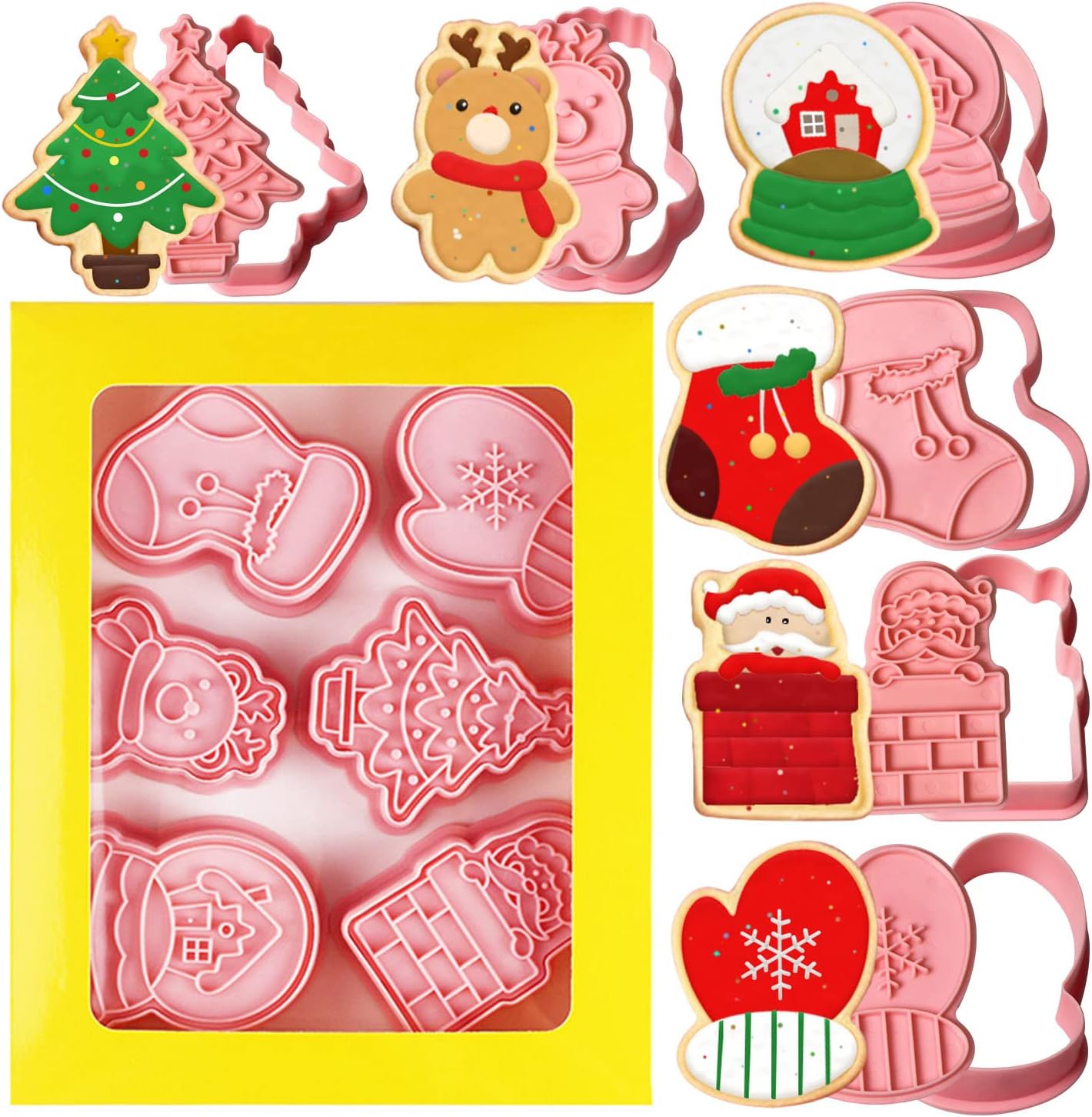 Leesgel Christmas Cookie Cutter for Baking, 6pcs 3D Pressable Embossed Pastry Cutter Shapes Biscuit Stamp for Christmas Cookie Decorating Kit Party Decorations Supplies