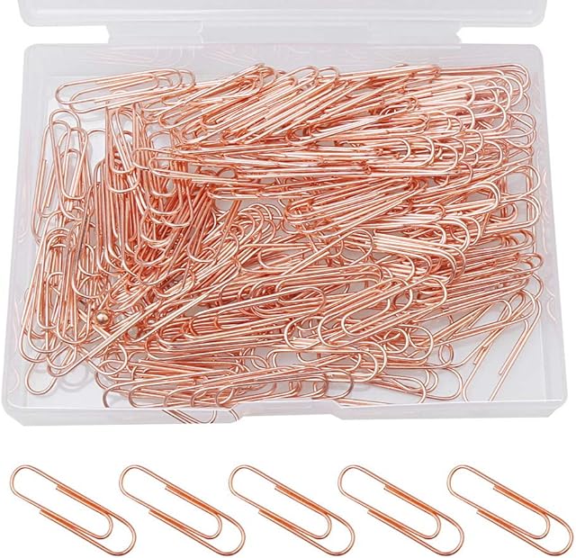 kuou 200 Pcs Rose Gold Paper Clips, 28mm Metal Paper Clips with Plastic Box Medium Size Paperclips for Office, School Home Supplies