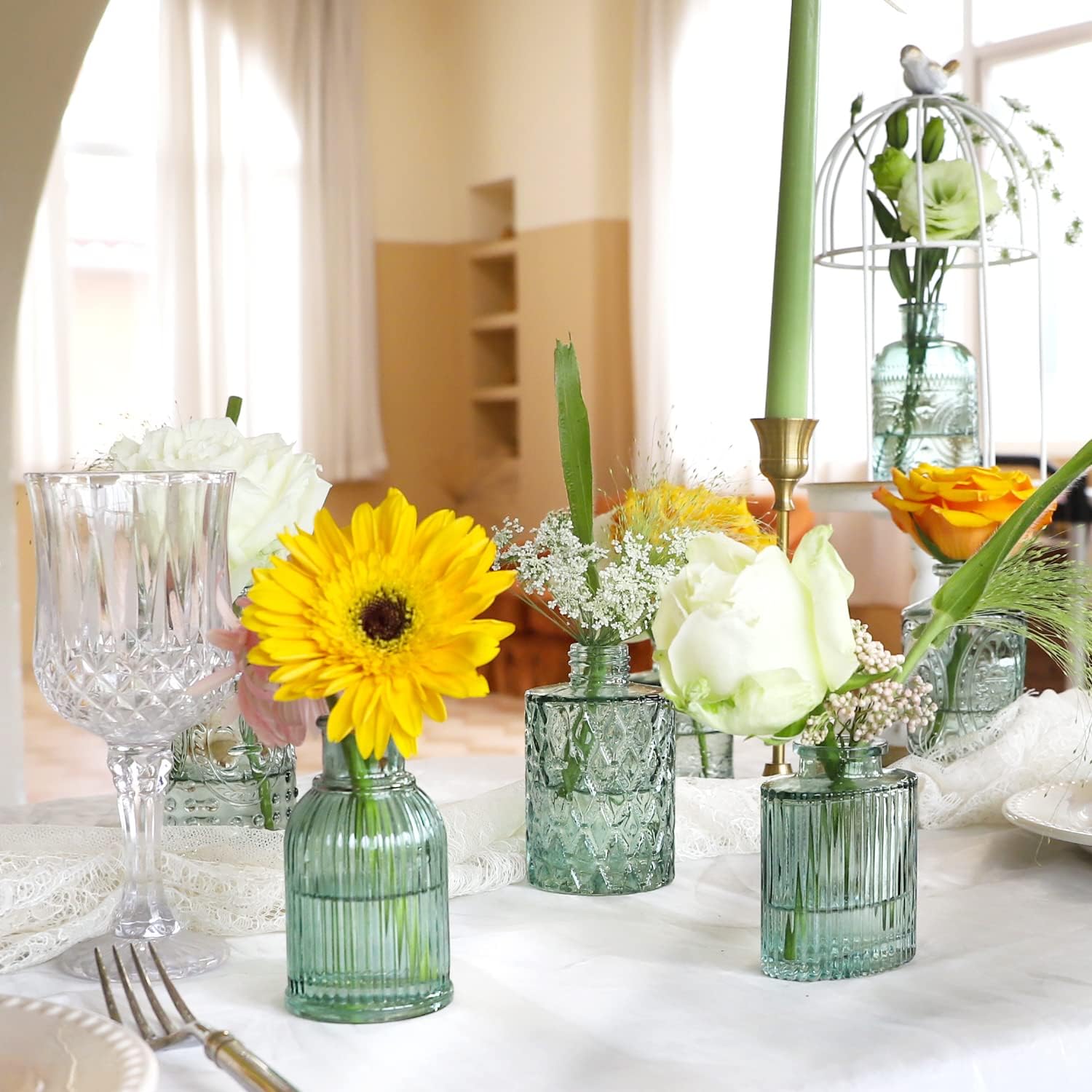 Green Glass Bud Vase Set of 22, Small Vases for Flowers, Clear Glass Vases for Centerpieces, Mini Bud Vases in Bulk Rustic Wedding Decorations, Centerpieces, Vintage Look Home Table Flower Decor - Image 2