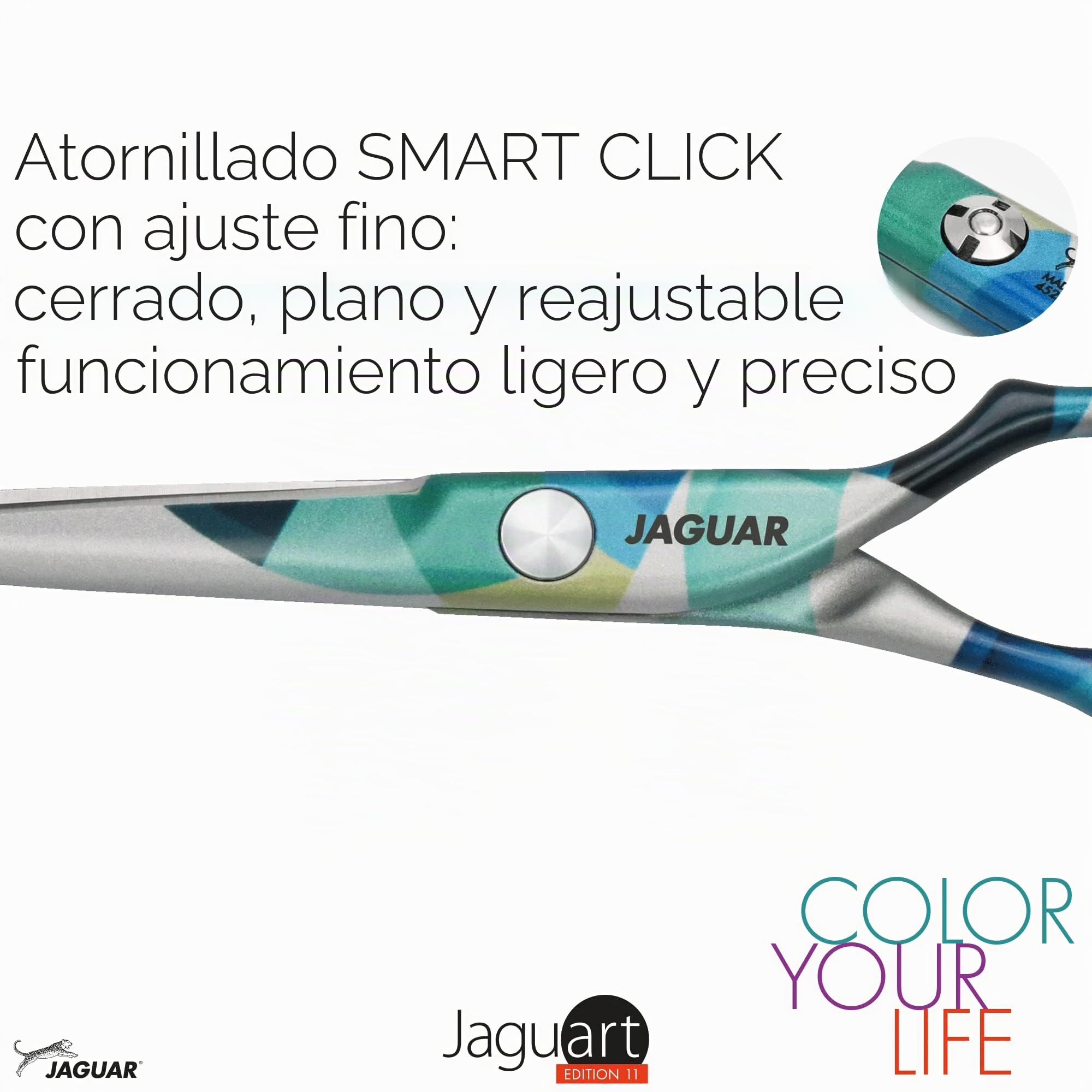 JAGUAR Tijeras para el pelo JaguART IN MOTION 5.5" | Tijeras de peluquería con diseño offset | aRecubrimiento antialérgico y resistente de alta tecnología con aspecto fotográfica | Made in Germany