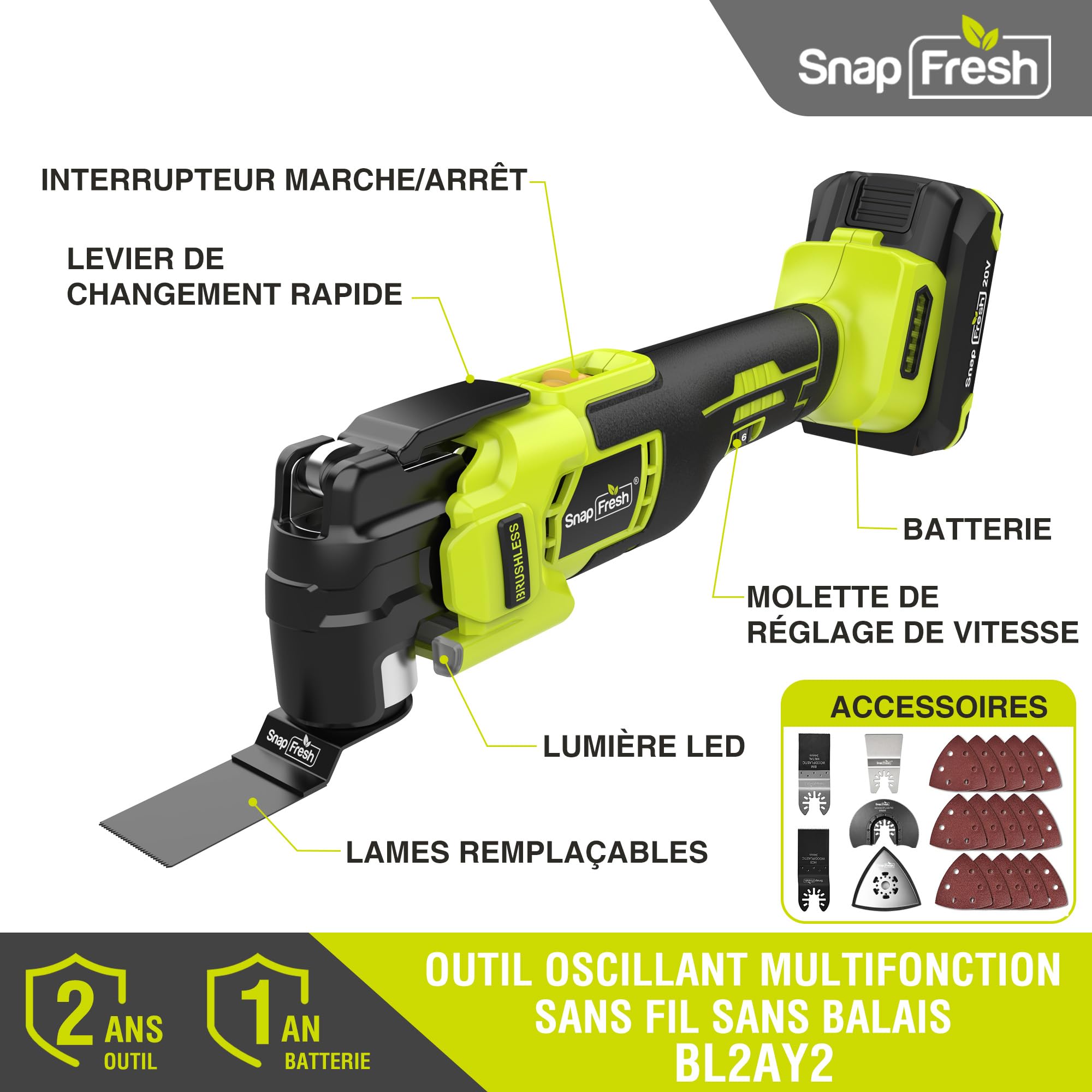 SnapFresh 20V Brushless Outil Multifonction Oscillant Sans Fil, Technologie Anti-Vibration, 6 Vitesses Réglables, 4° Angle d'Oscillation, avec Batterie 2,0 Ah, Chargeur Rapide et Sac de Transport