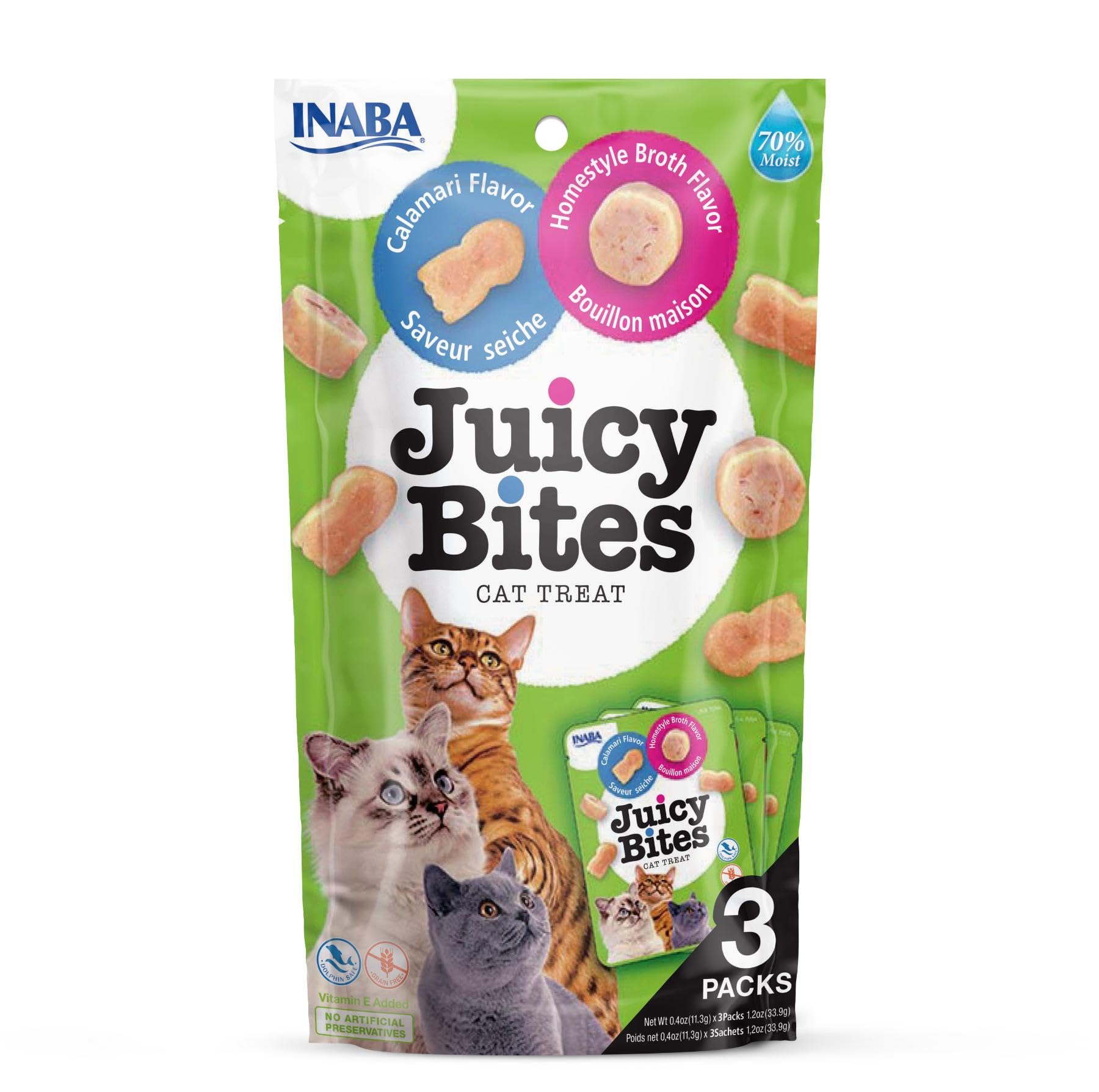INABA Juicy Bites Gatos - Recetas Saludables de Calamar y de Caldo Casero - Snacks Húmedos para Mascotas - Deliciosas Golosinas - Sin Cereales, Sin Conservantes ni Colorantes - 203,4g (18x11,3g)