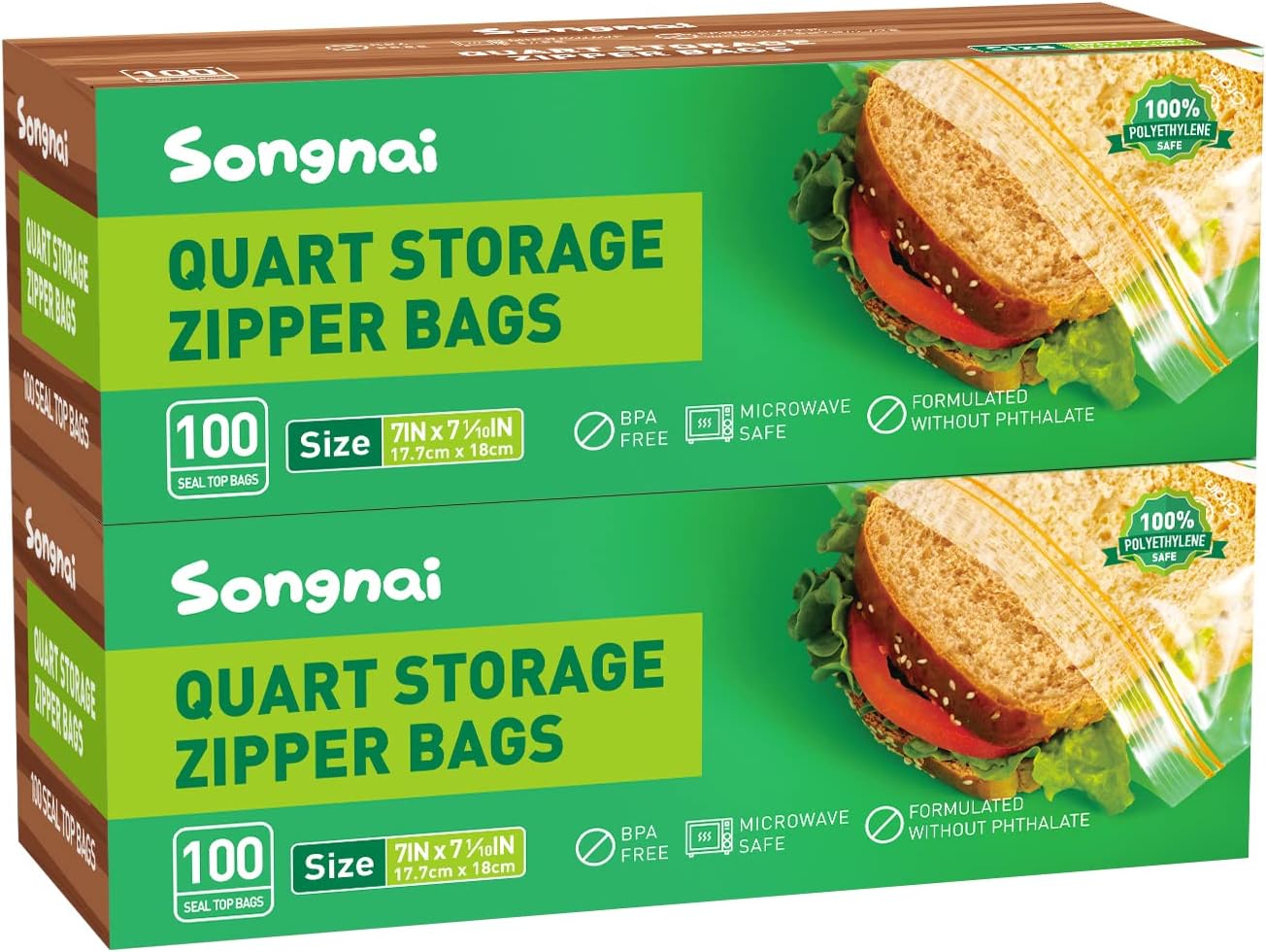 Sandwich Storage Bags, Double Zipper,200Count, 2Pcs