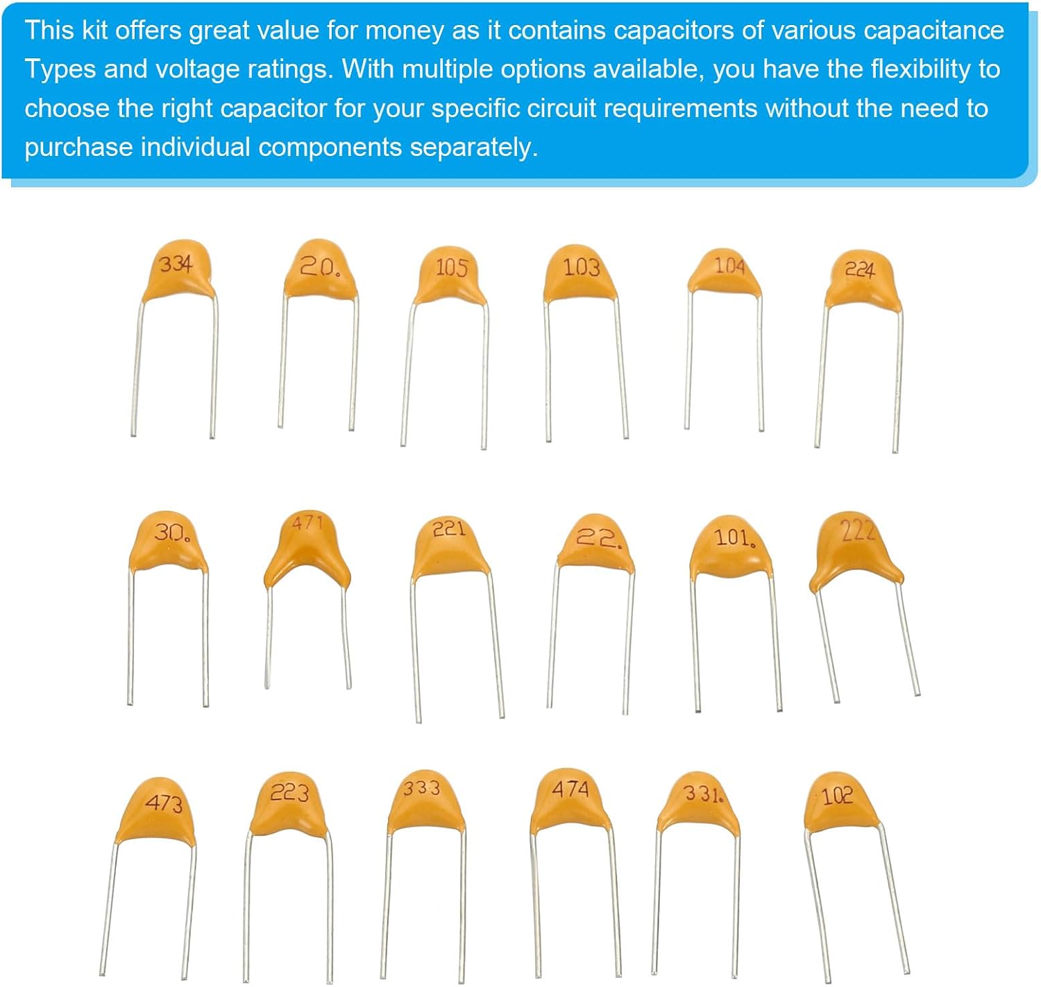 Ceramic Capacitor Assorted Kit, 180pcs 20pf to 1uf 18 Values Assortment in a Storage Bag Repair Replacement for Industrial Electrical Experiments