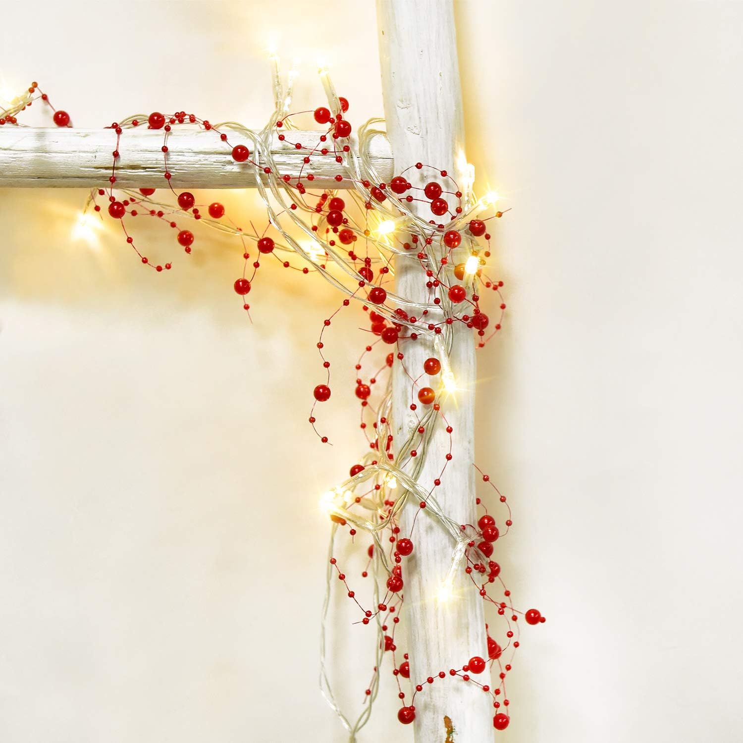DearHouse 11FT Christmas Berry Beaded Garland with 30LED String Lights, Christmas Garland for Fireplace Mantel Indoor Outdoor Christmas Decoration, Christmas Warm White Lights