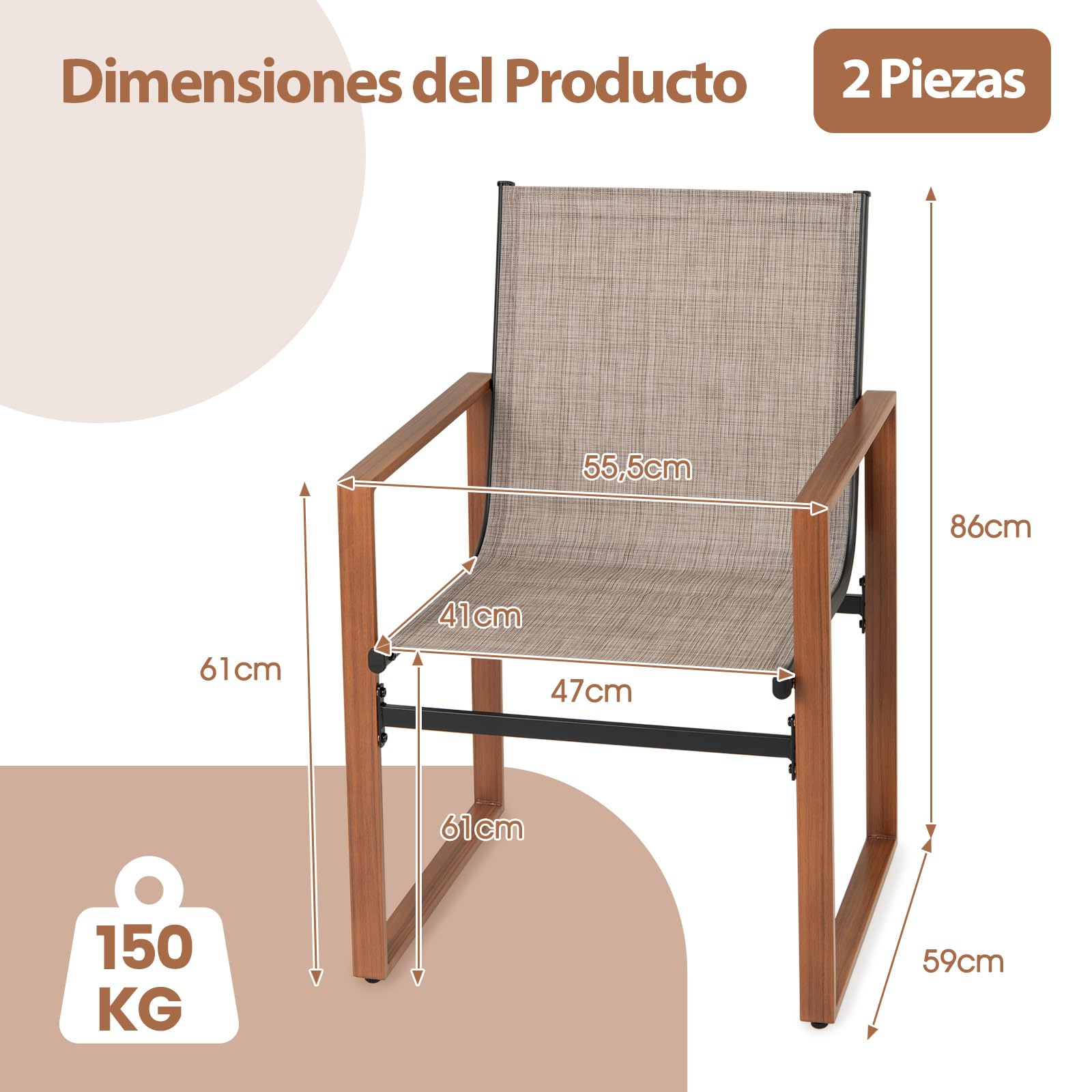 COSTWAY 2 Sillas Jardin Exterior Textilene, Sillas Terraza Exterior Asiento y Respaldo Transpirable, Estructura de Metal, Reposabrazos Anchos, 59 x 55,5 x 86 cm (café)