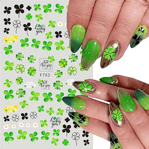 Miniatura 2 de 8 calcomanías de arte de uñas del día de San Patricio, calcomanías de uñas de hoja de trébol de cuatro hojas verdes, autoadhesivas 3D, suministros