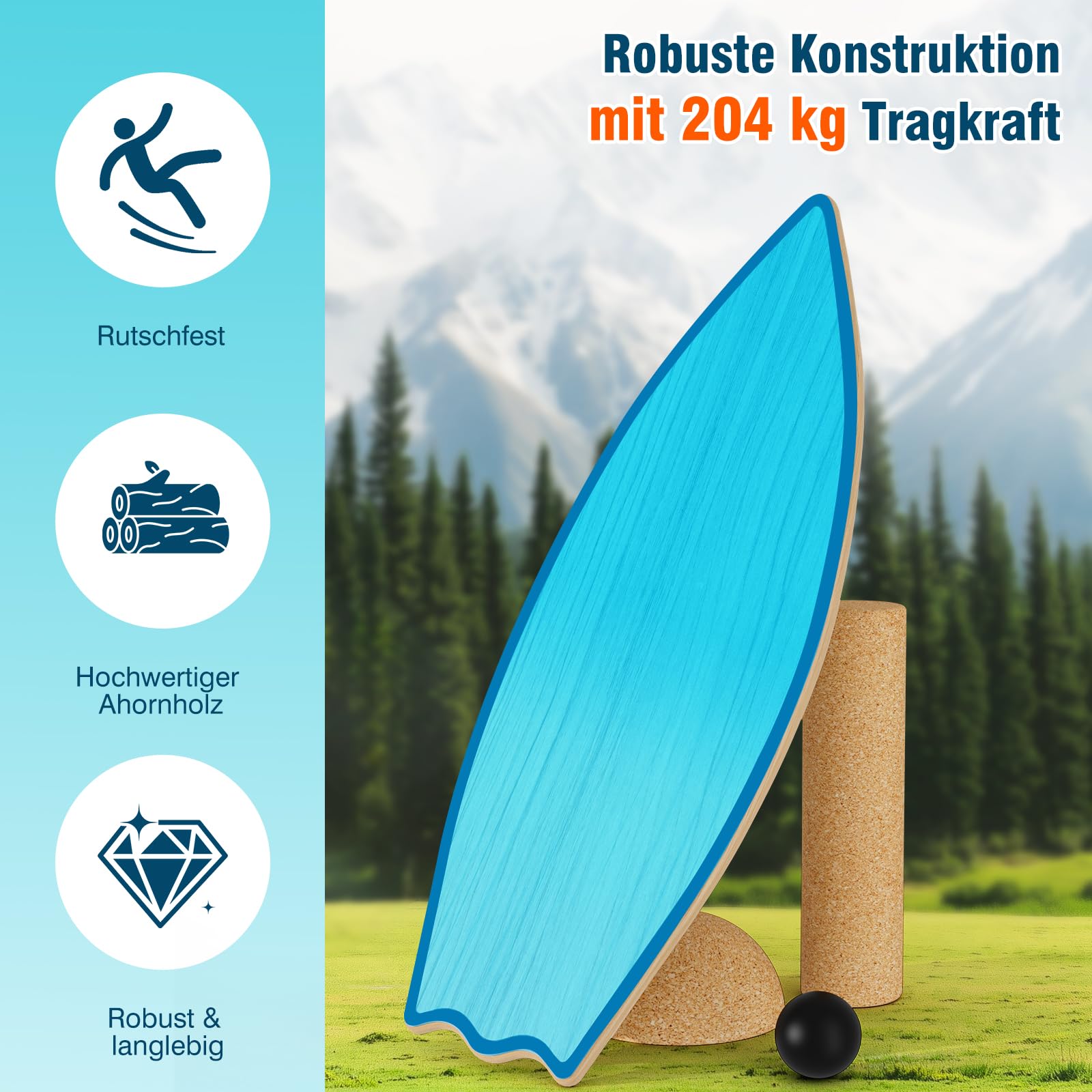 Vicye Balance Board Erwachsene & Surfing Balance Board Set – Holz Balanceboard mit Korkrolle, Halbkugel & Gummiball – Balance Trainer für Surfen, Snowboard, Skateboard – Rutschfeste Oberfläche