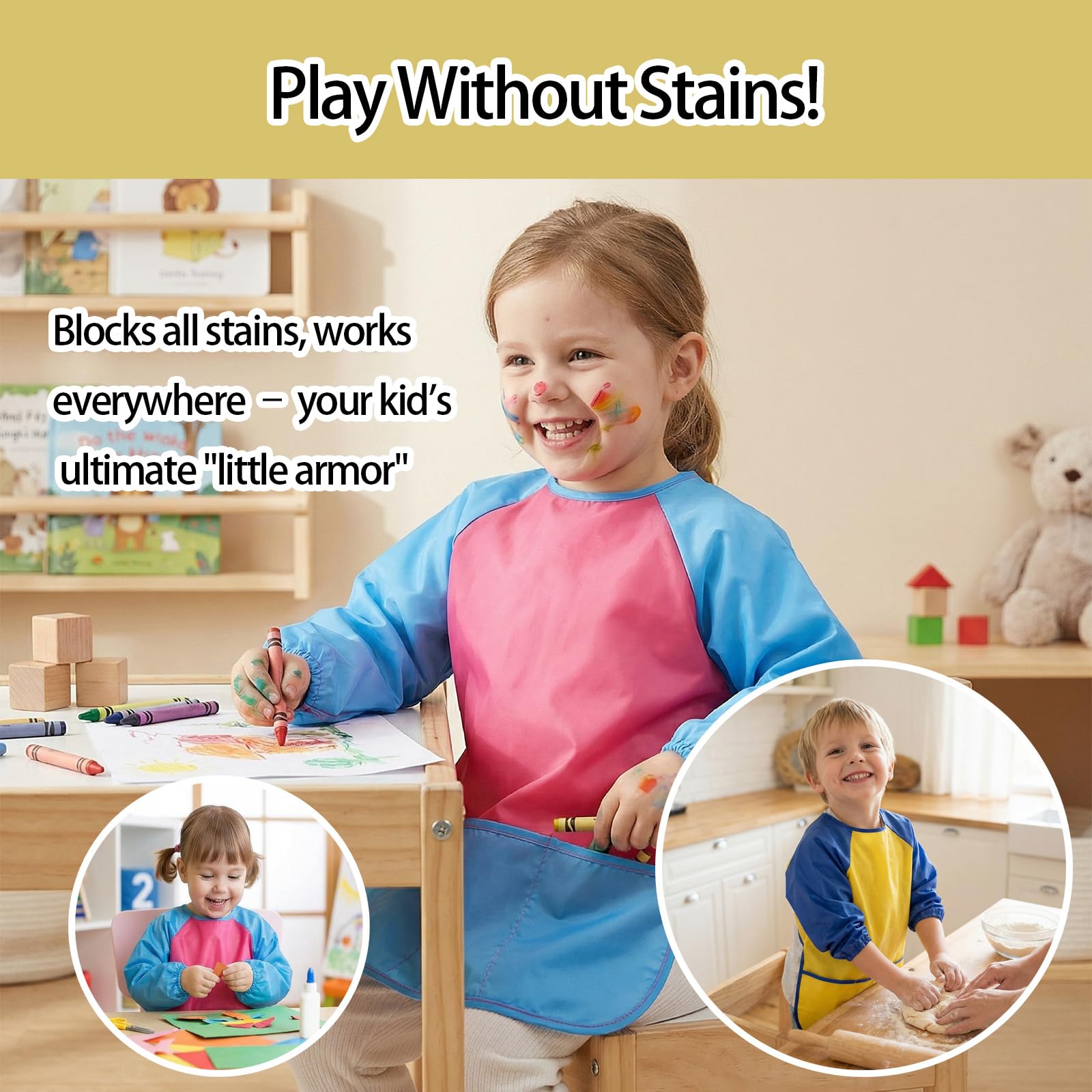 Set de 2 Delantales Infantiles Impermeables para Pintura - Talla Única para Niños y Niñas de 2 a 8 Años - Incluye Delantal Azul y Rojo con 3 Bolsillos para Artes, Manualidades, Cocina y Juegos — view 5
