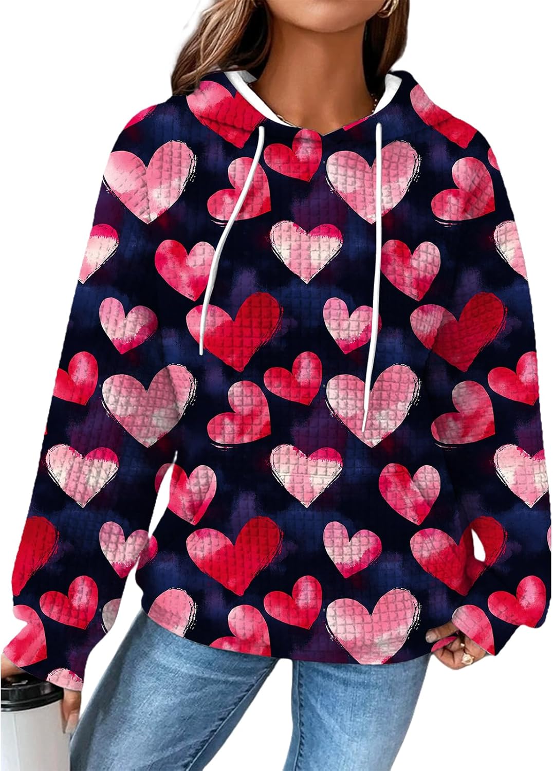 Valentines Day Hoodies For Women Heart Print Pullover Oversized Waffle Cute Graphic...