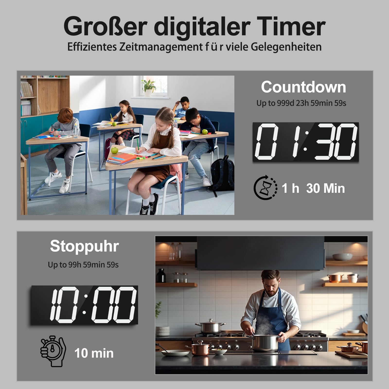 Automatische digitale Wanduhr, 47 cm, LED-Digitaluhr mit großem Display, multifunktionale Wanduhr mit Alarm und Timer, automatische Zeitsynchronisation, Uhr mit einstellbarer Helligkeit (weiß)