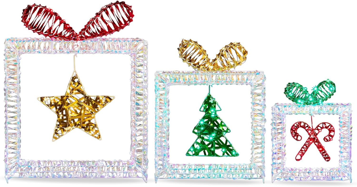 Lighted Christmas Decor 3-Pack Iridescent Cutout Gift Boxes 357 LED Outdoor Indoor Holiday Decorations Weather-Resistant Battery Christmas Yard Decor for Powered Yard Patio Display Waterproof