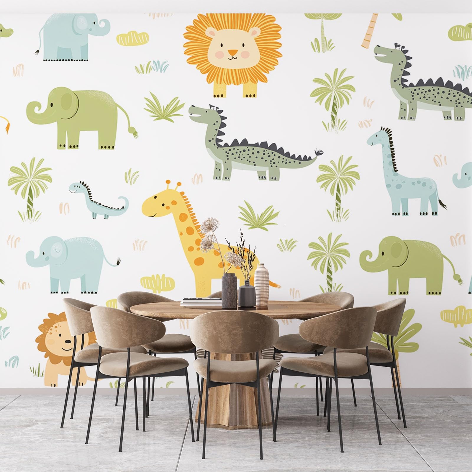 Kreskówka zwierzę lew słoń mural ścienny, kreskówka dinozaury wzór fototapeta, nowoczesna włóknina mural plakat tapeta do salonu lub sypialni dziecięcej, 300 x 210 cm (szer. x wys.)
