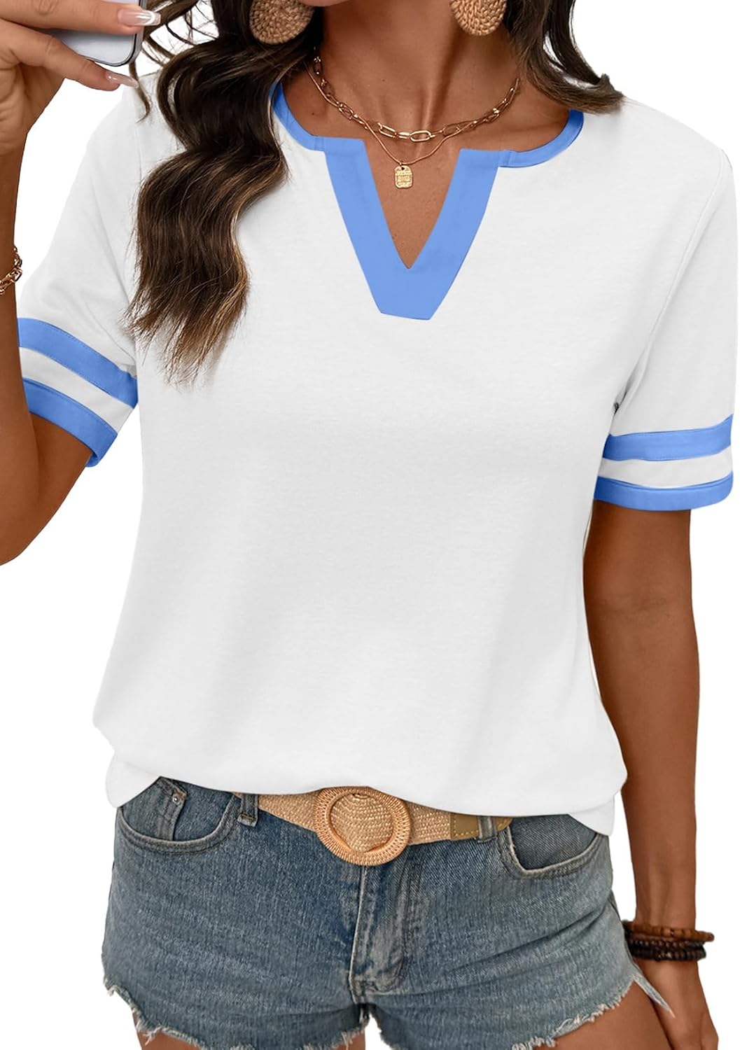 SHEWIN Women's Summer Tops Cotton V Neck Short Sleeve T-Shirts Colorblock Casual Tees 2026 Clothes