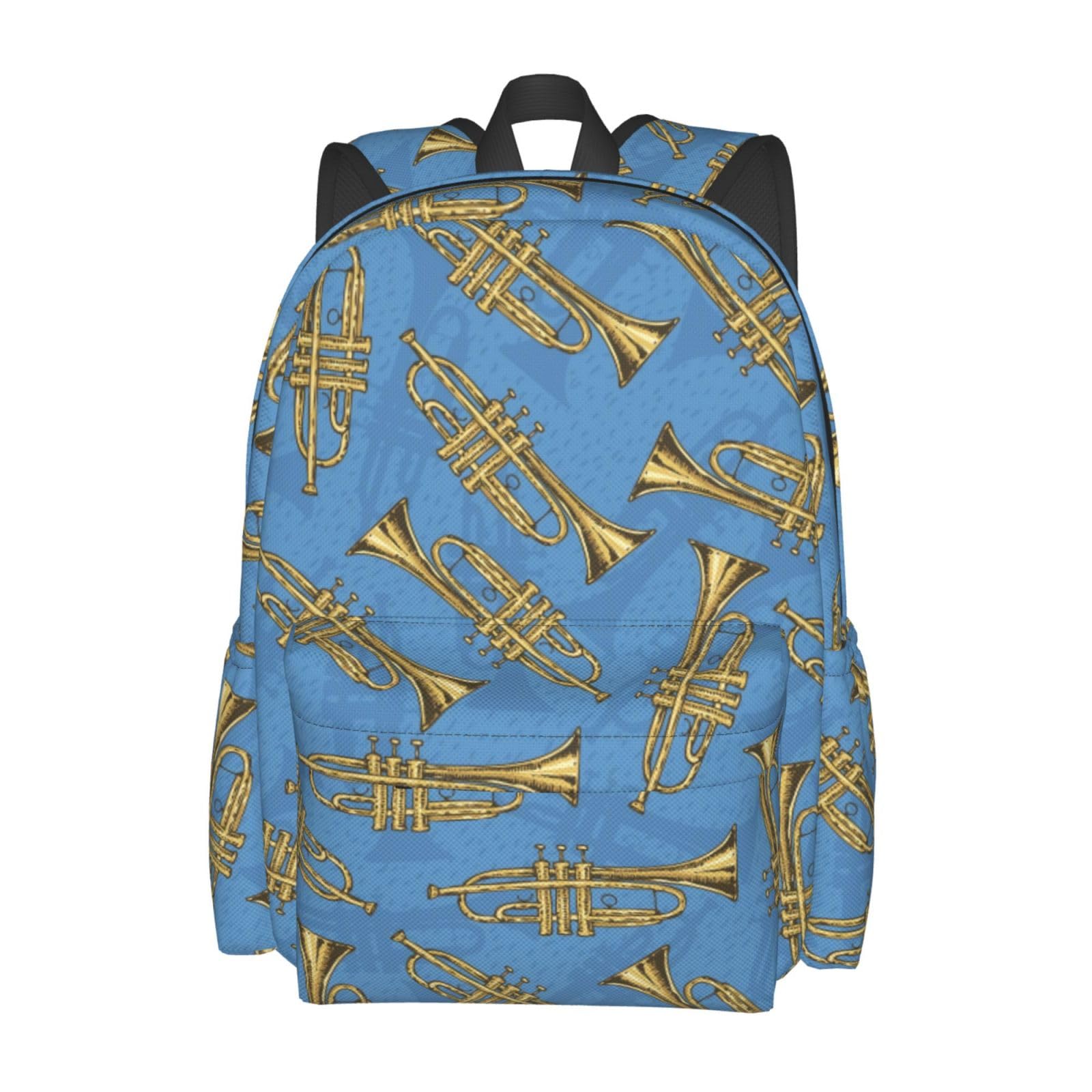 Rqzwdq Golden Trombones Of Music Notes Pattern Backpack Adjustable Casual Daypack Rucksack Travel Bags Bookbag For Women Men Adult 17 Inches