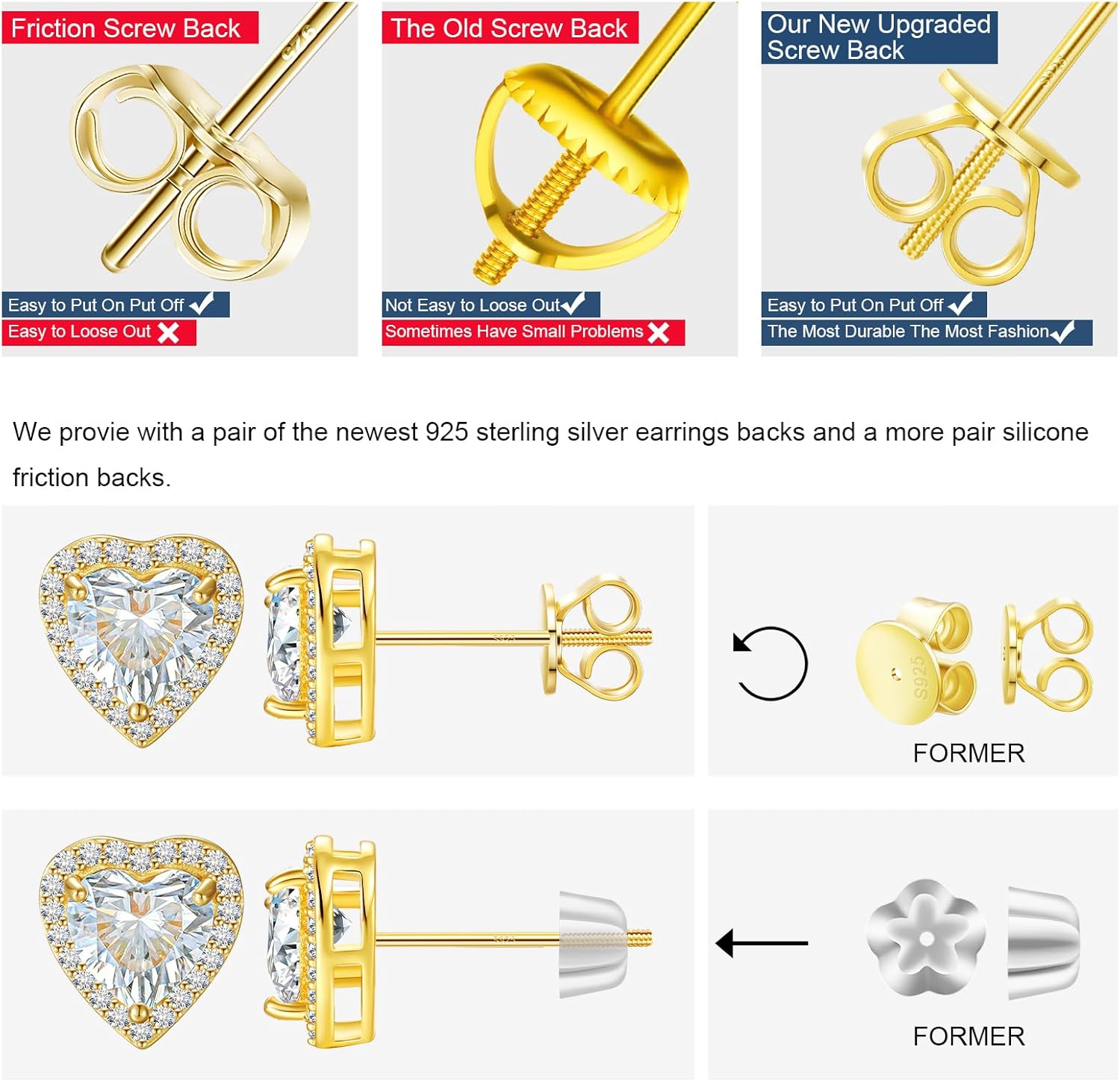 Moissanite Heart Earrings Stud Screw Back 0.3-2.0ct 4-8mm 18K White Gold Plated 925 Sterling Silver Moissanite Halo Stud Earrings for Women - Image 5