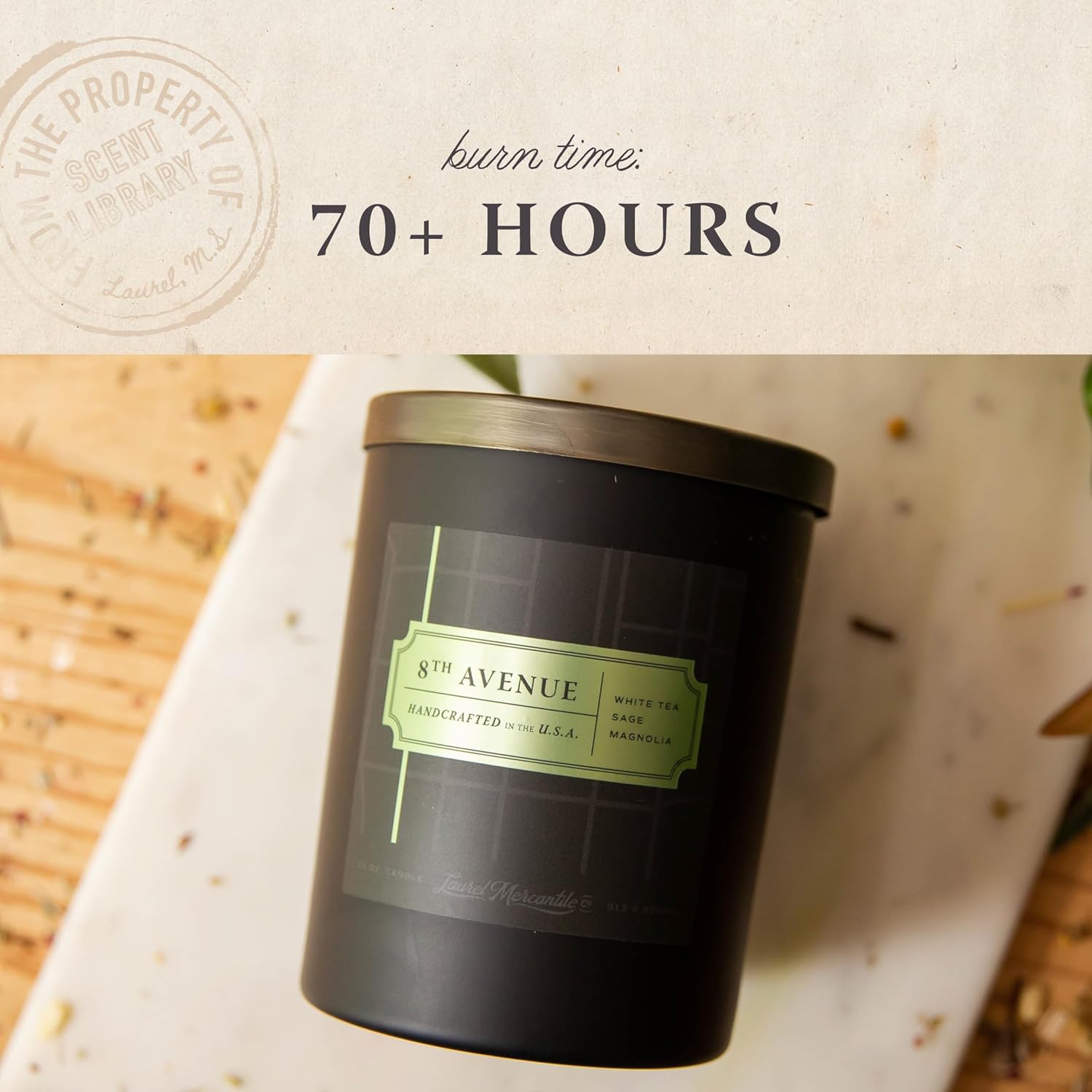 Scent Library 8th Avenue Scented Candle | Great Gift for Home Town Fans | Designed by Erin Napier | Made in The USA by Laurel Mercantile | Long-Lasting 70+ Hour Burn Time (11 oz)
