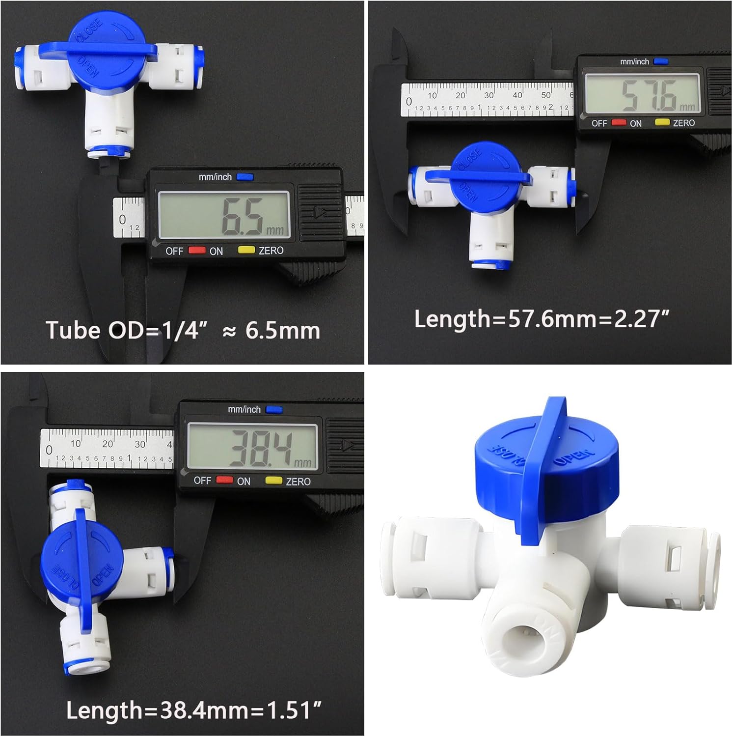 2pcs Water Filter Adapters 1/4" Auto Top Off Three-Way Valve with Switch, Push-to-Connect Outlet Fitting, Quick-Connect Plastic Pipe Connector for Reverse Osmosis Water Filtration Systems