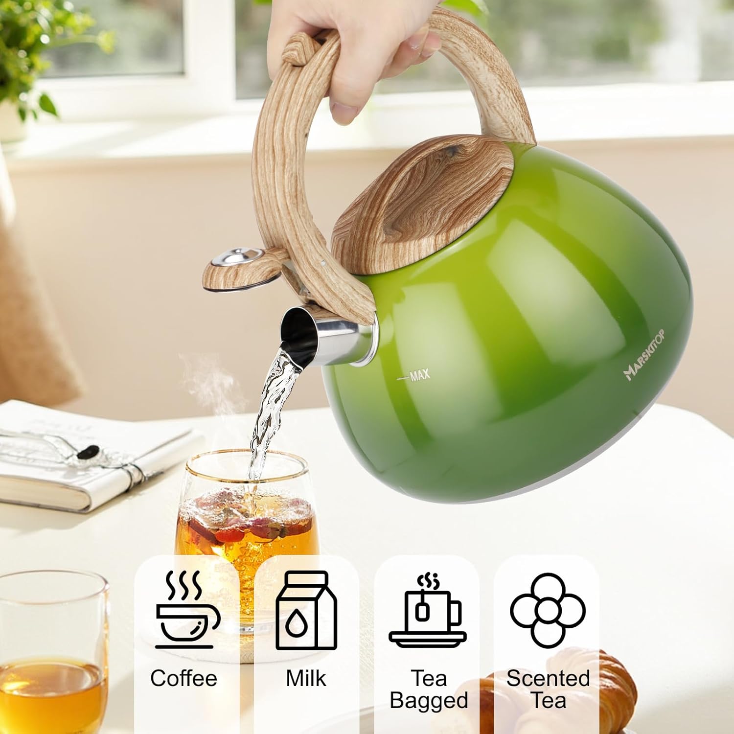 MARSKITOP Whistling Tea Kettle for Stove Top, 2.6 Quart Teapot for Stovetop, Stainless Steel Tea Pot for Stove with Wood Pattern Handle, Light Green