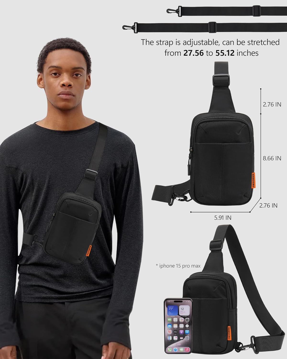 Peicees Small Anti Theft Sling Bag with Zipper Clip for Men Women, Waterproof Mini Crossbody Chest Bag for Travel Work Sport