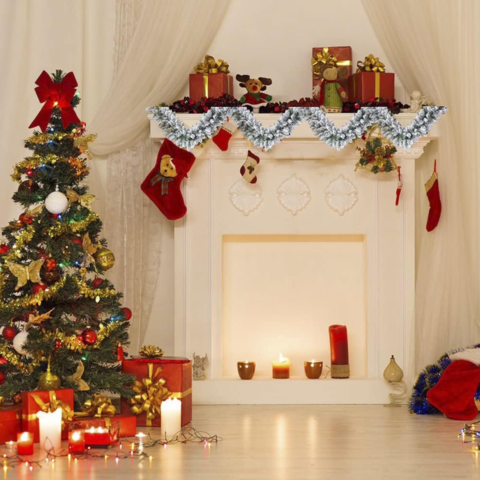 Guirnalda Navideña Artificial Flocada de 270 cm, Guirnalda Navideña Larga de Invierno, Decoracion Navidad para Hogar,Exterior,Interior,Chimenea,Escalera,Mesa,Porche,Oro