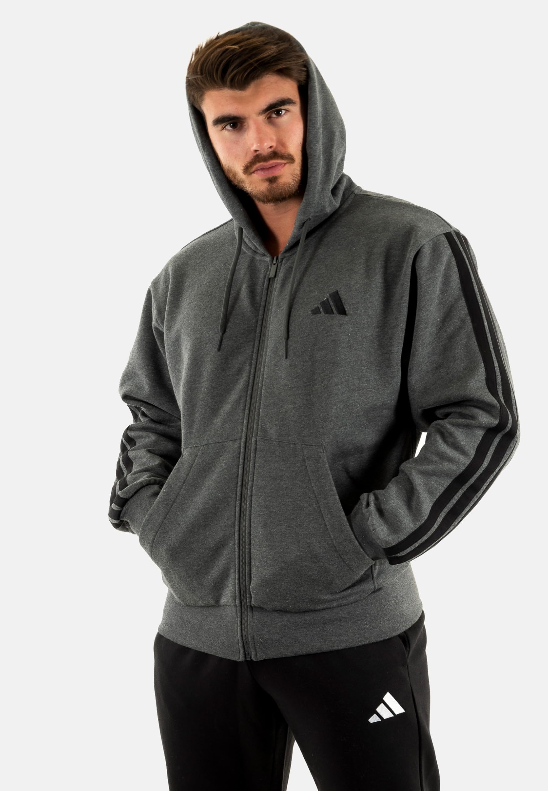adidas Mezczyzni Essential Three Stripes Fleece Zipper Hoodie Sweatshirt, dark grey heather/black, S