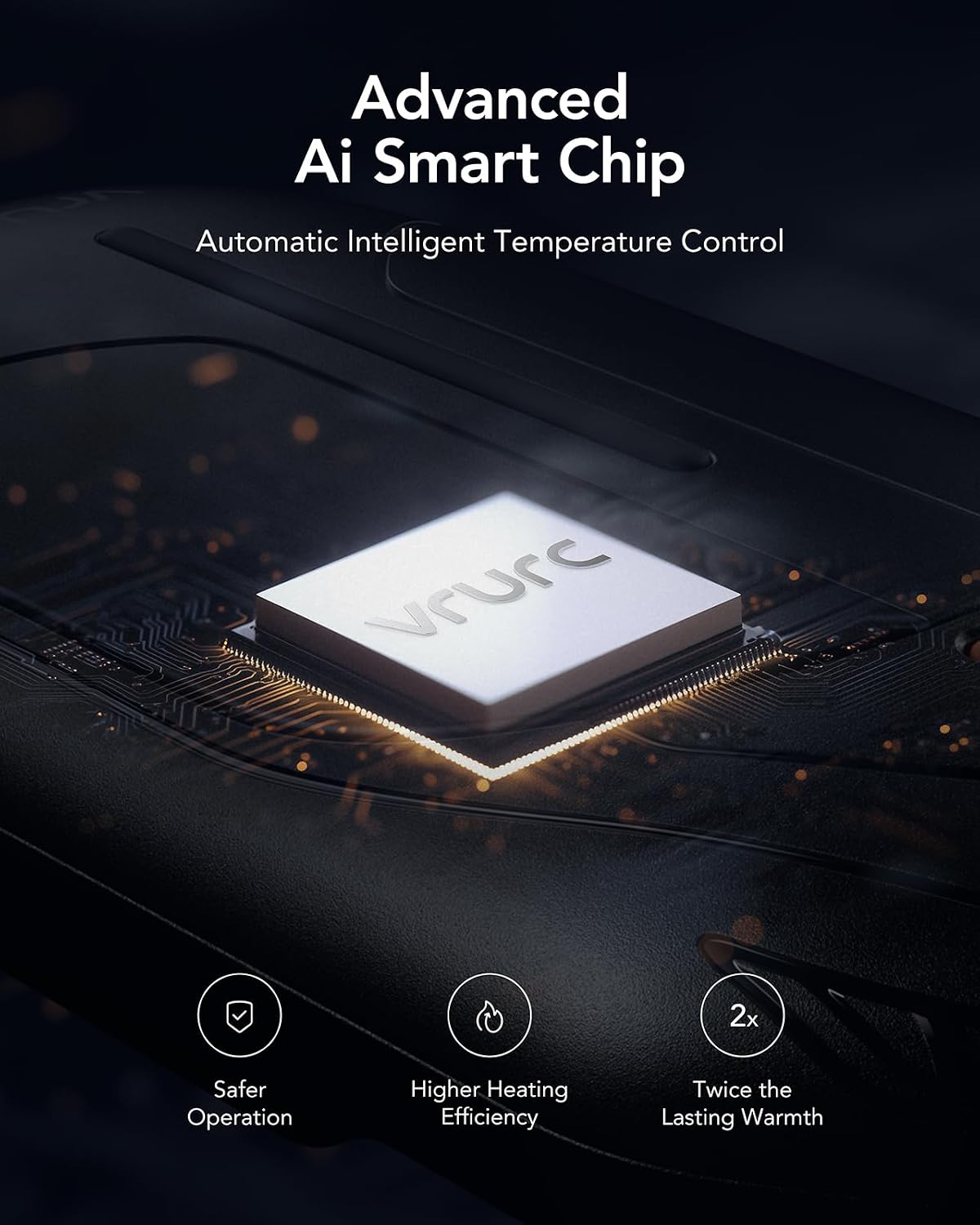 Close-up of a microchip with 'VRURC' logo, representing the AI smart chip.