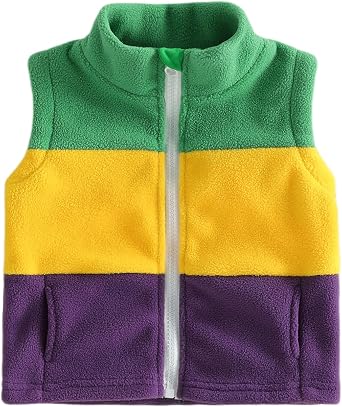 Toddler Boys Mardi Gras Jacket Fleece Vest Sleeveless Contrast Color Zip Up Coat Warm Winter Clothes