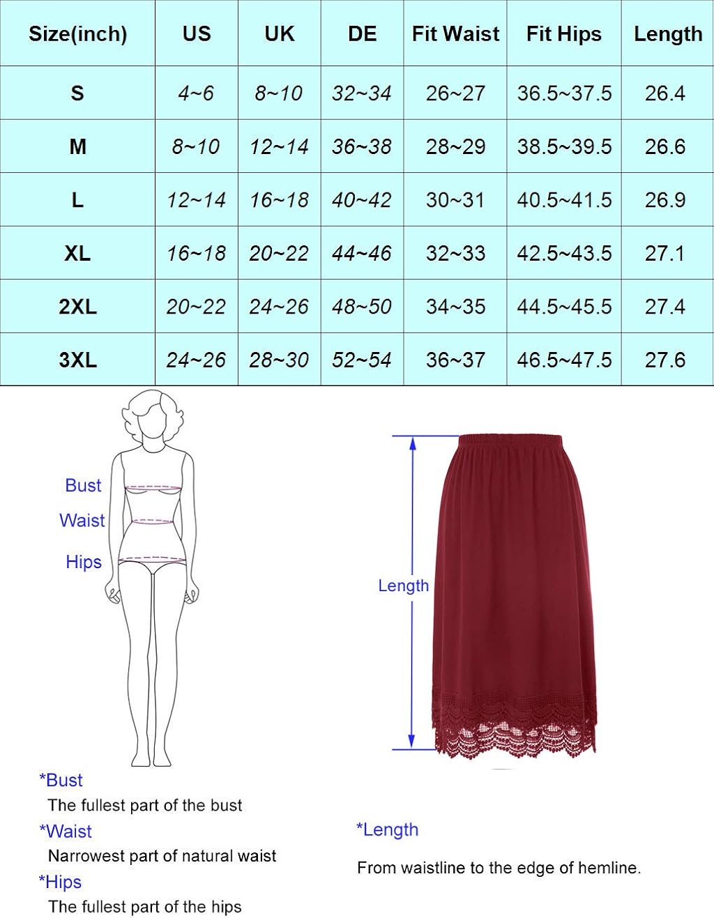 GRACE KARIN Knee Length Underskirt Double Lace Skirt Extender Half Slip at  Women’s Clothing store