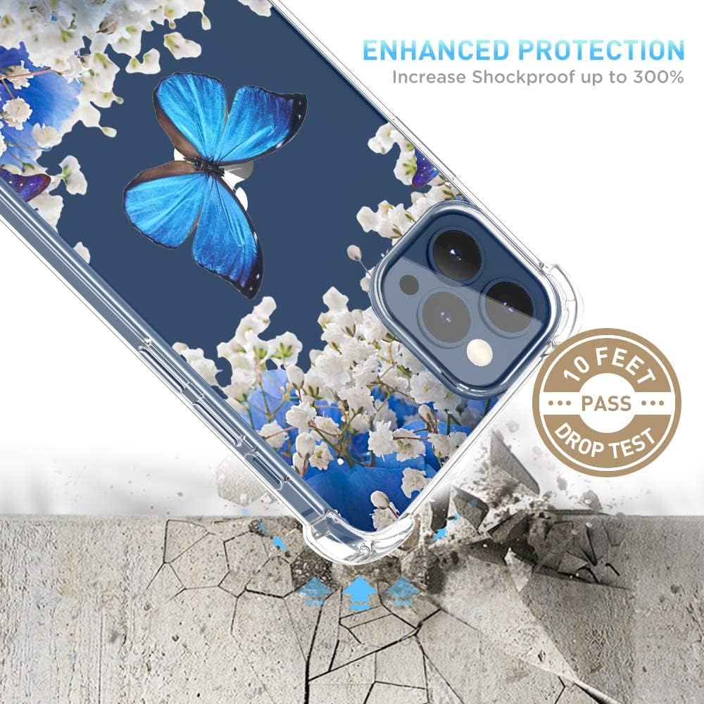XEEUE Flower Pattern Designed for iPhone 12/12 Pro Case[with Screen Protector], Floral Clear Women Phone Case Shockproof Full Body Protective Soft TPU Bumper Cover 6.1 Inch 2020(Butterfly/Blue)