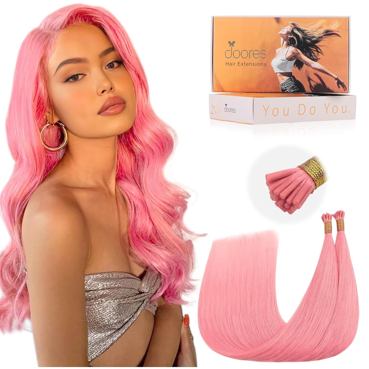 DOORES Peach Pink Hair Extensions, 25g/25s 18 Inch I Tip Human Hair Extensions Natural Straight
