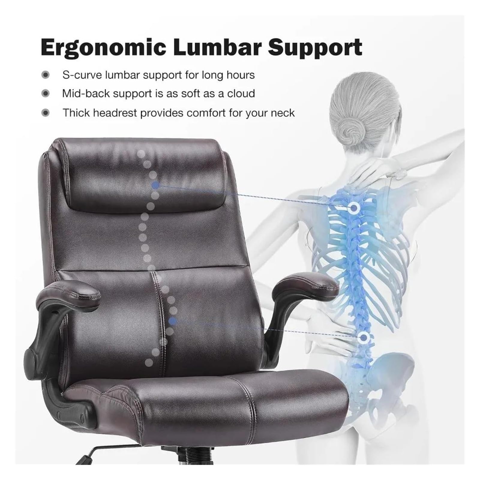 Fotele menadżerskie, ergonomiczne krzesło biurowe dla kadry kierowniczej z podnoszonym podłokietnikiem i podparciem lędźwiowym, brązowy fotel komputerowy, fotel do gier,Black Ergonomic One Size