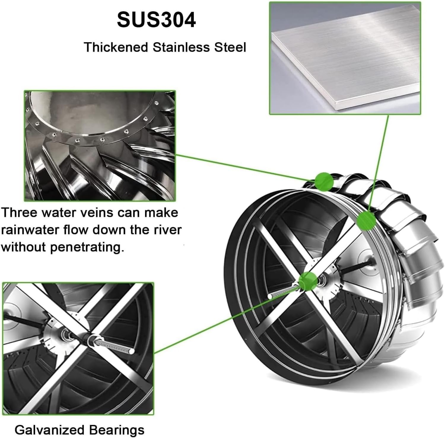 Roof Wind,Stainless Steel Turbine Ventilator Vents Stainless Steel Exhaust Cap Roof Flue Vent 15.7" ~ 4.3" Air Vent Outlet Roof Ventilator, Easy to Install, Galvanized Bracket, Unpowered Rot