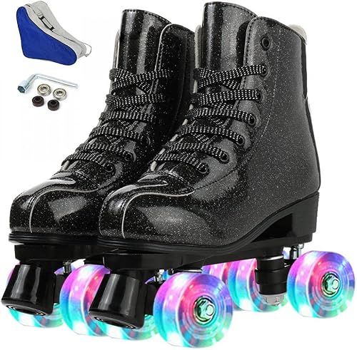 Miniatura 9 de XUDREZ Patines holográficos de piel sintética para mujer, patines holográficos de doble fila, cuatro ruedas brillantes para mujeres, hombres, niños