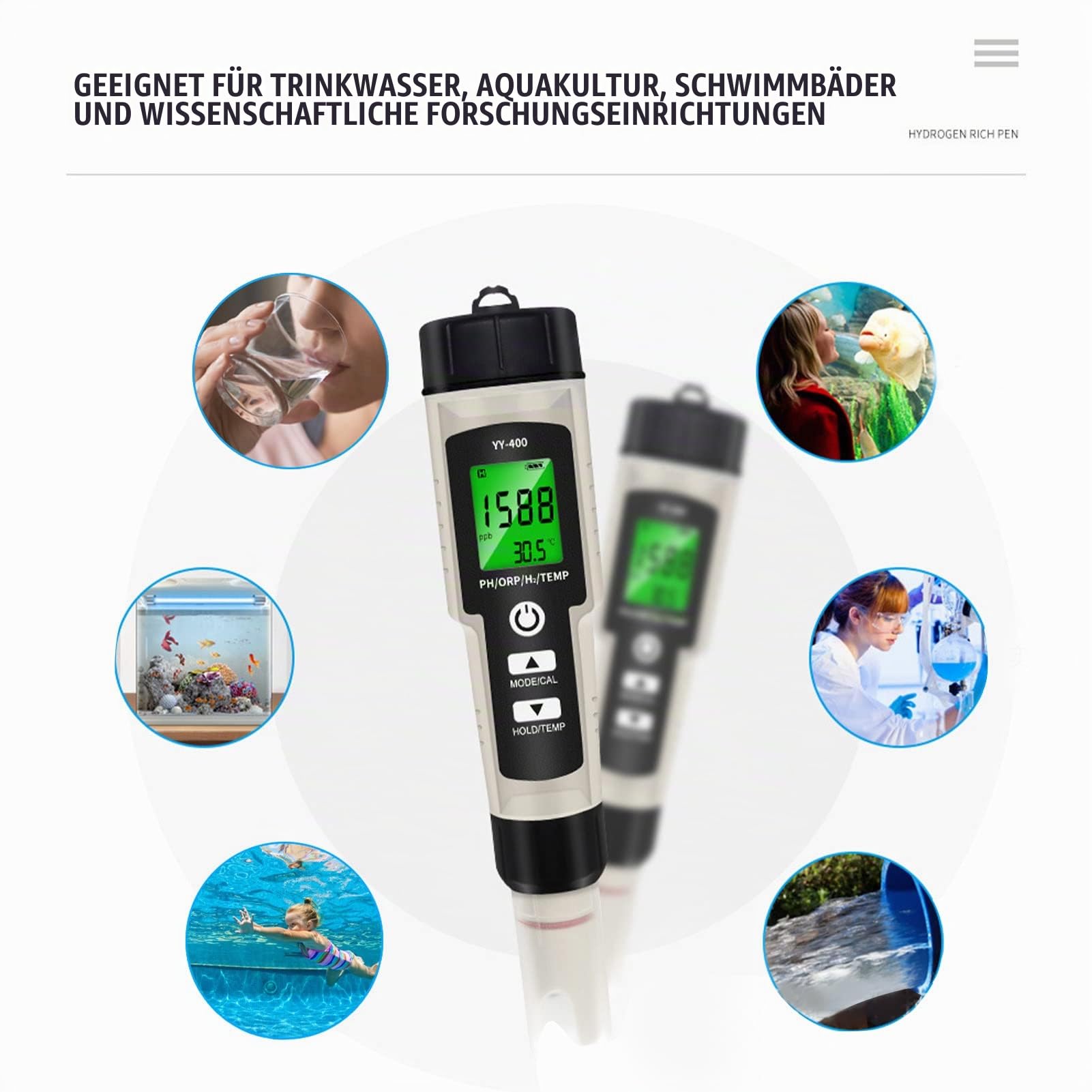 Wasserqualität Tester, Vier Funktionen in Einem, Stiftförmiges Design, Abnehmbares Design, LCD Digitalanzeige zur Messung von PH, ORP, H2 Wasserstoffgehalt und Temperaturwert