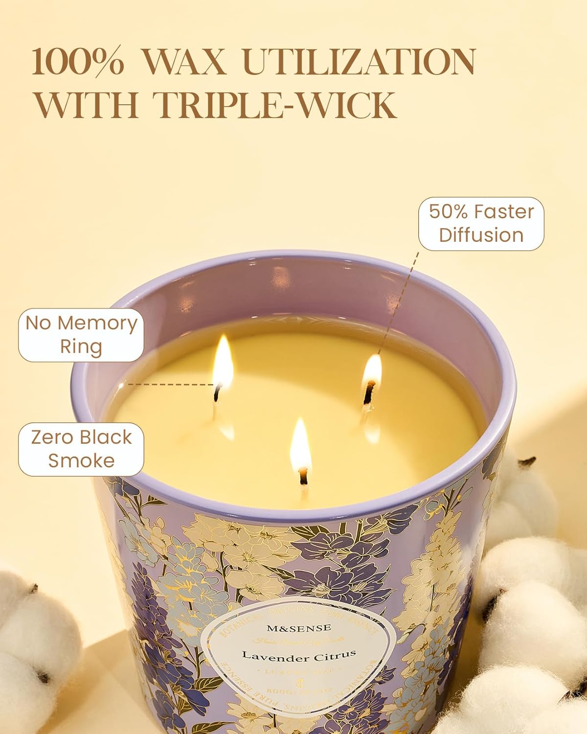 M&SENSE Lavender Citrus Scented Candle, 28.2oz 3 Wick Natural Soy Wax Large Candles, Long Lasting Clean Slow Burning No Toxic Décor for Home Relaxation, Romantic Dates & Gift-Giving - Image 3