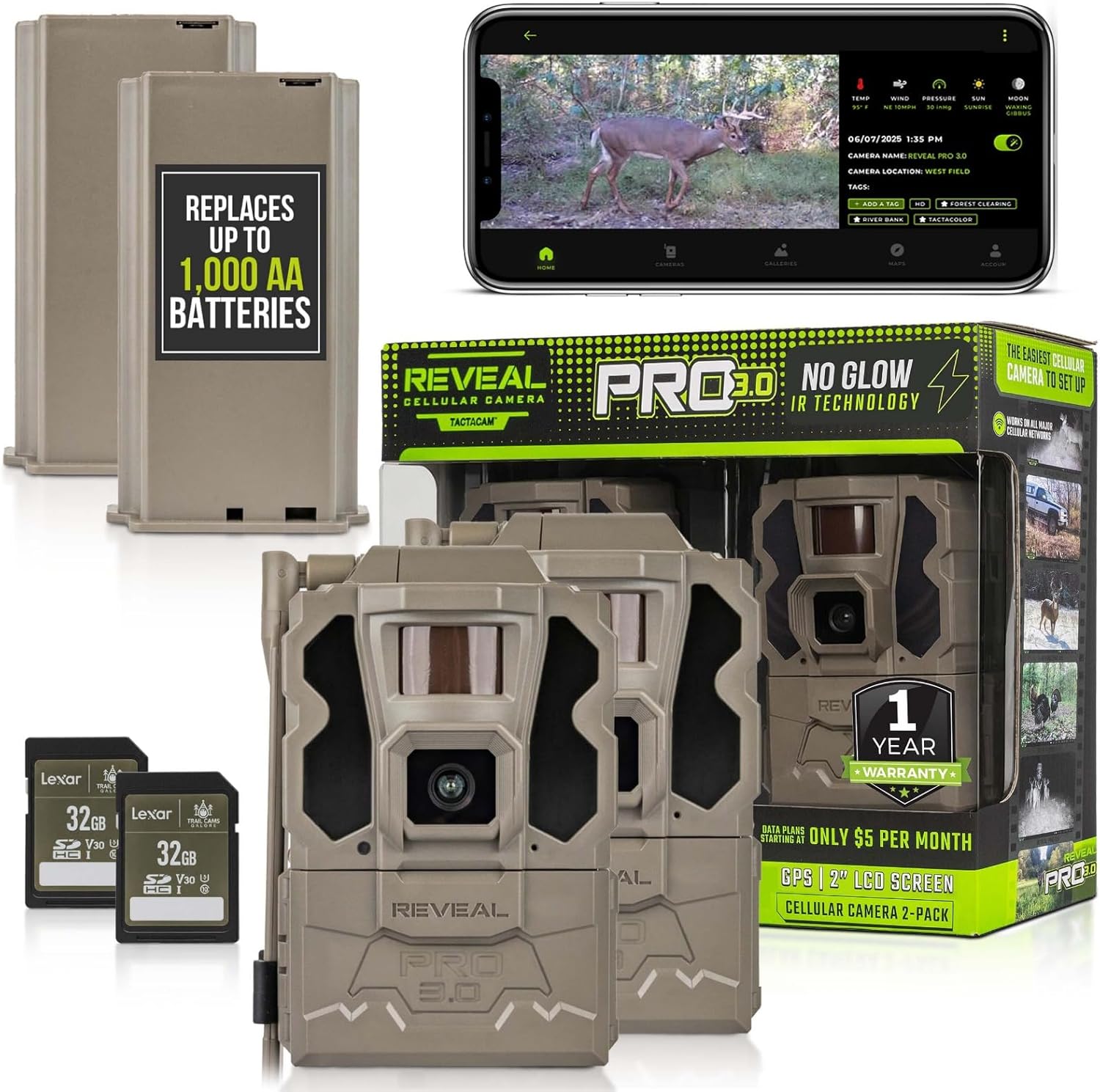 TACTACAM Reveal Pro 3.0 Cellular Trail Camera - Multi-Cellular Network, GPS, No-Glow IR, Wi-Fi Enabled, HD Photos & 1080p Videos, Long Battery Life + 32GB SD Card + Lipo Lithium Battery Pack (2PK)