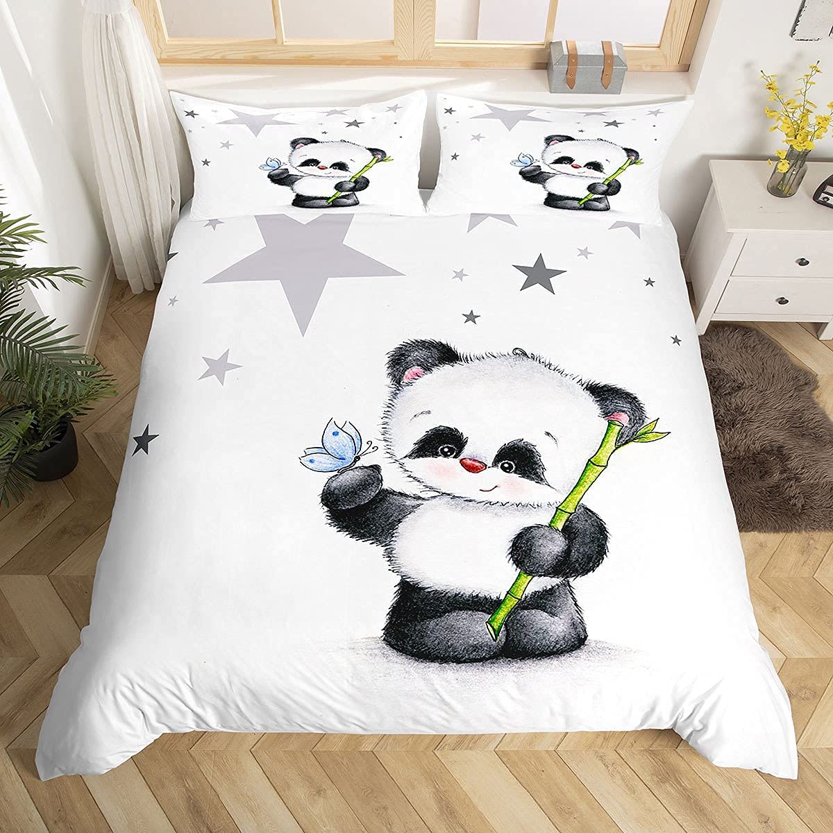 Kids Panda Bedding & Linen Bamboo Girly Lovely Animal Cartoon Style Bedding Set 2 Piece Butterfly Stars Duvet Cover Black and White for Girls Boys Child Single Size