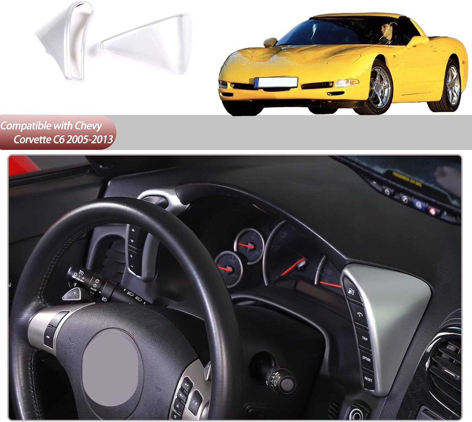 Dashboard Button Cover Trim Compatible with Chevy Corvette C6 2005-2013, Speedometer Bezel Cover Trim Frame Interior Accessories(Silver)