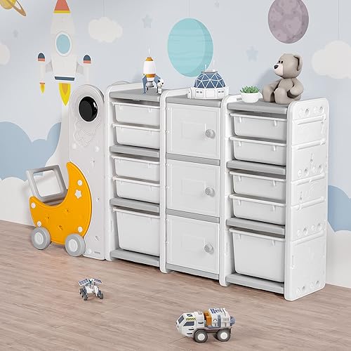 Miniatura 10 de duke baby Organizador de almacenamiento de juguetes de 3 capas para niños con 5 contenedores de almacenamiento, 3 gabinetes de juguetes con puertas,