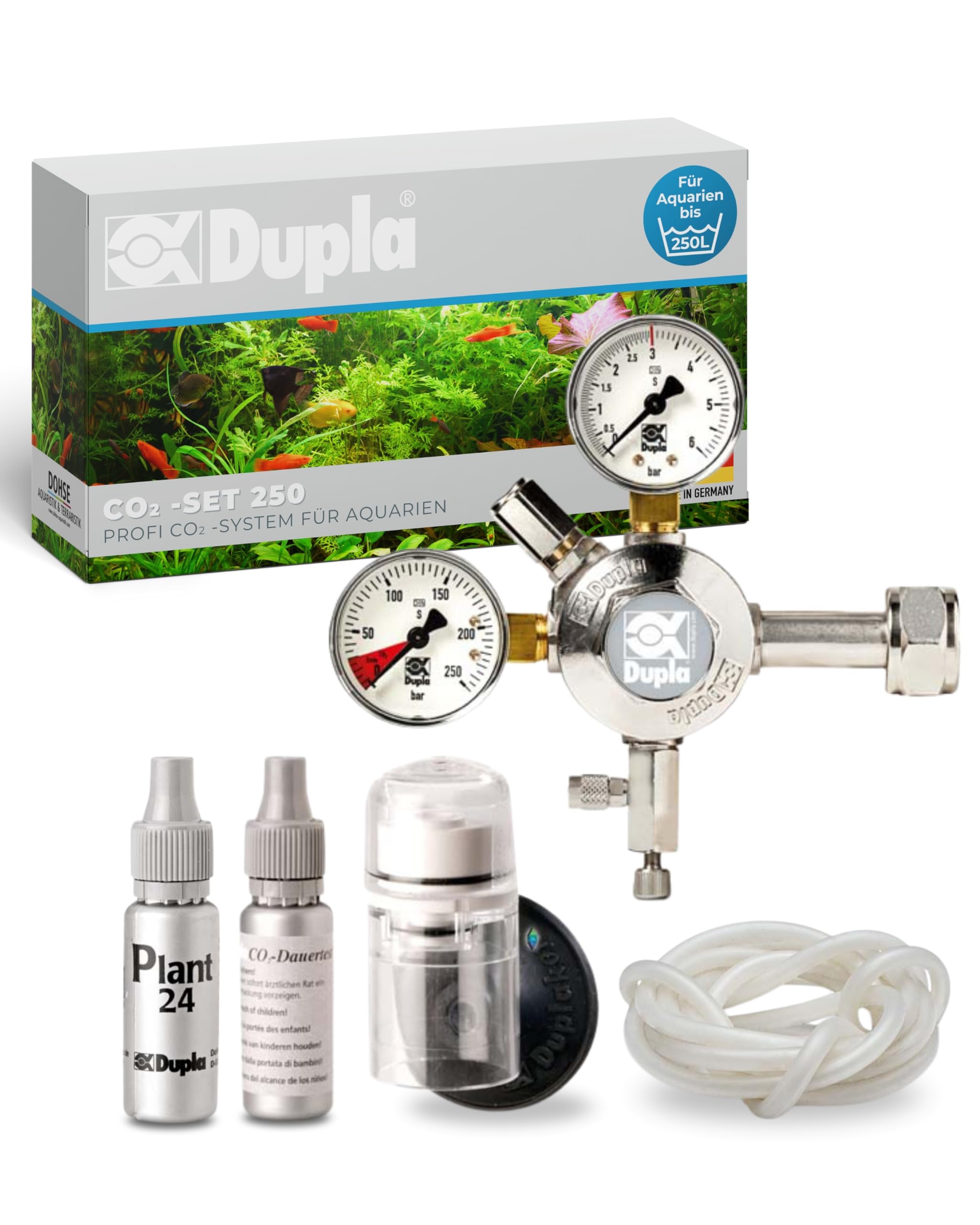 Dupla Profi CO2-Set 250 I Professionelles CO2-System für Aquarien bis 250 l I Präzise CO2-Anlage mit Armatur Pro, Zerstäuber, Dauertest, Silikonschlauch und Plant 24 Dünger