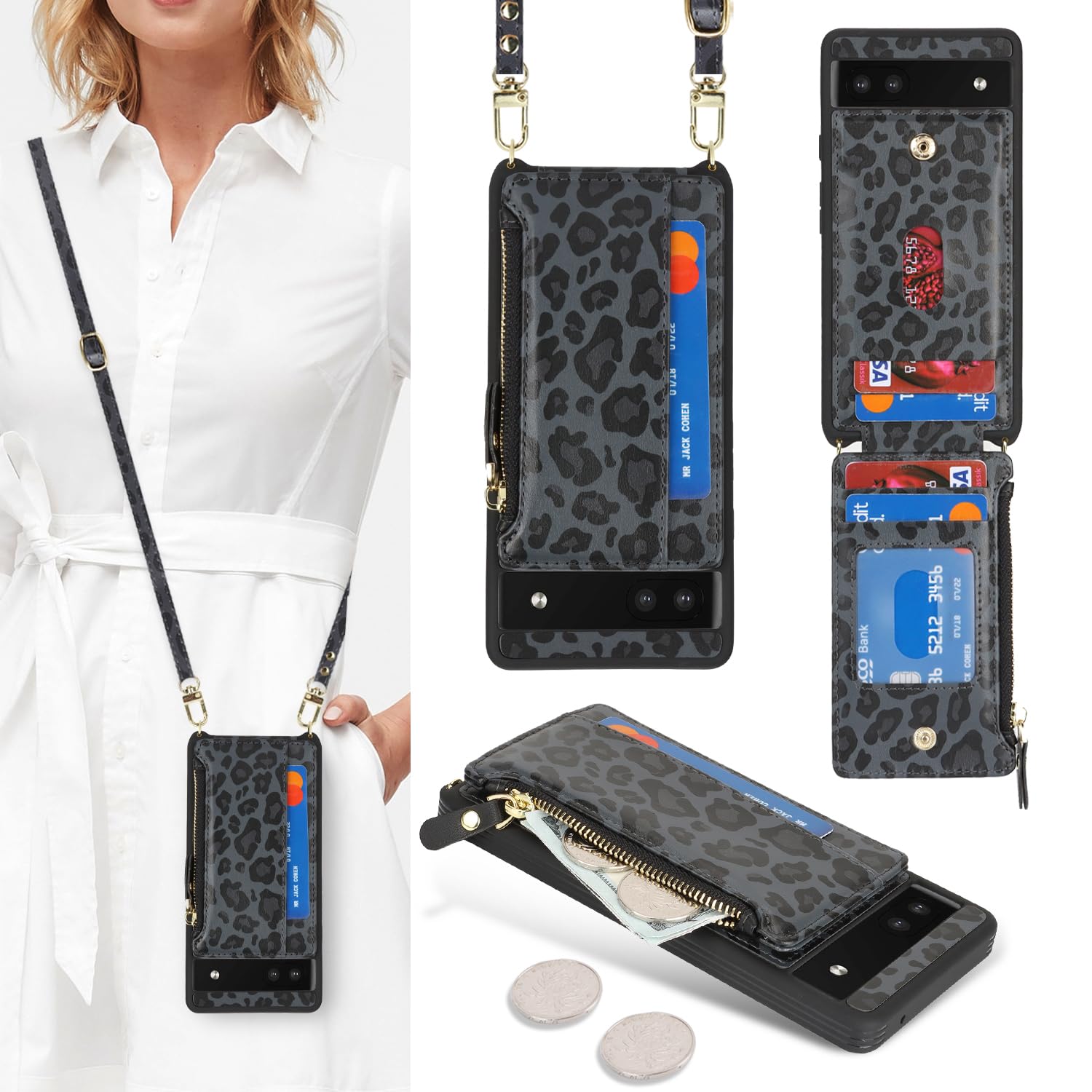 Cavor Compatible with Google Pixel 6a Case Wallet, Leopard Black | Pixel 6a Crossbody Phone Case with Strap, Wallet Cover for Women, PU Leather Zipper Pocket Card Holder