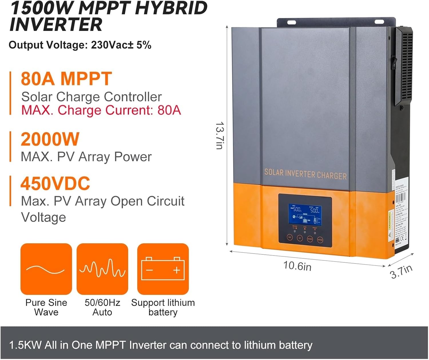 Dimensions and key specifications of the 1500W MPPT Hybrid Inverter