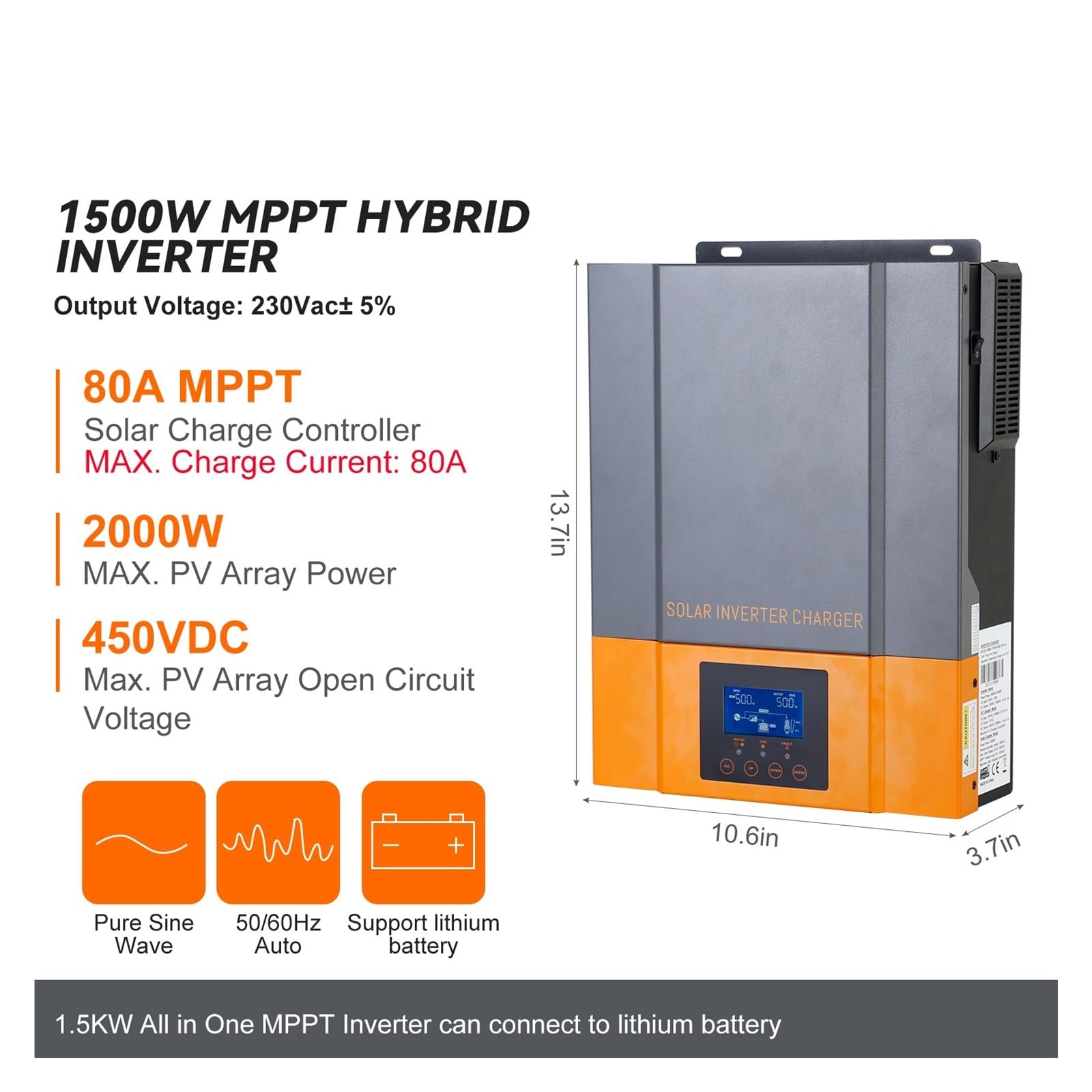 Hybrydowy Falownik Solarny 3.2KW 2.4KW 1.5KW 12V 24V Fotowoltaiczny 230VAC Max PV 450V Wbudowana Ładowarka MPPT 80A Stabilny Niezawodny Kompleksowe Zastosowanie(1.5KW 12V,With WIFI)