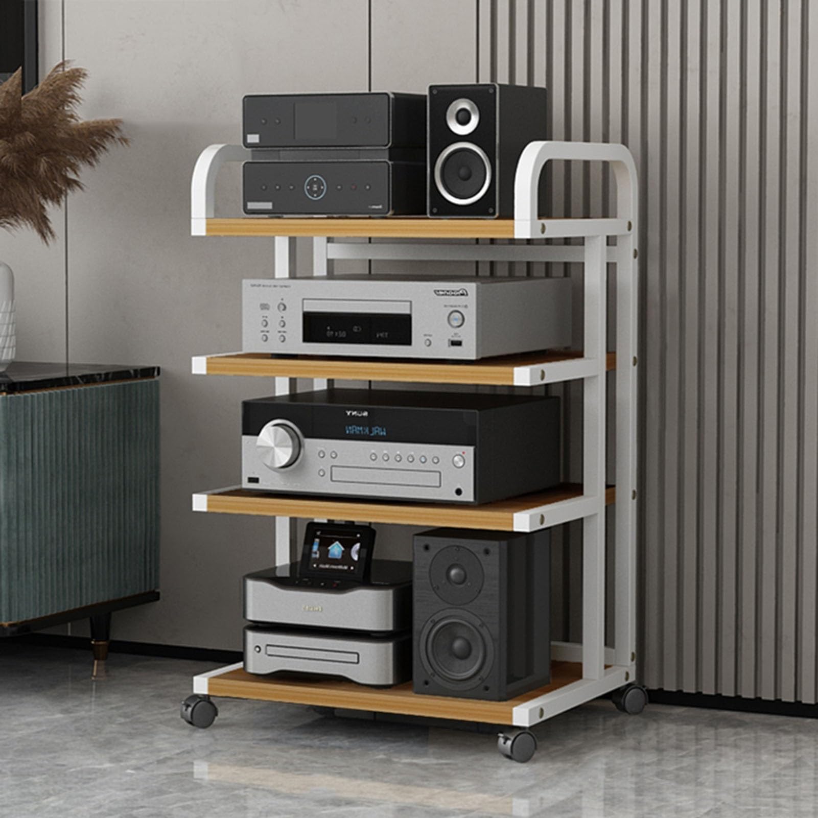 XingLi 3/4/5 Shelves Movable Media Stand Entertainment Center for Store Cable Boxes, DVD Players, Streaming Devices, Home Theater Receivers, Gaming Consoles, Speaker(Size:4 Tier)