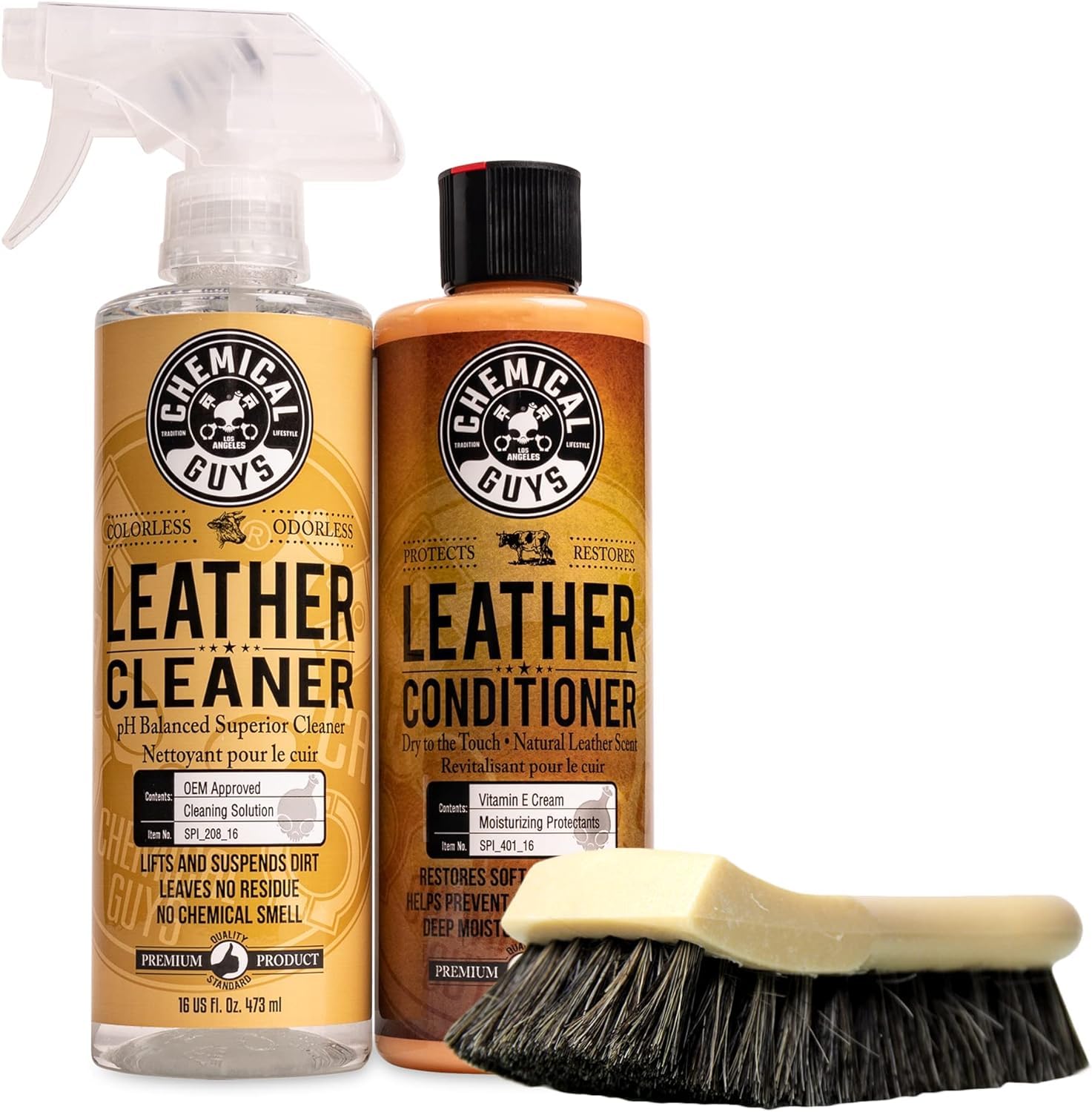 Chemical GuysSPI410 Leather Cleaner and Conditioner Bundle with ACC_S95 Long Bristle Horse Hair Leather Cleaning Brush, Safe for Car, Home, Office, & More (3 Item Bundle with 2-16 fl oz Bottles)